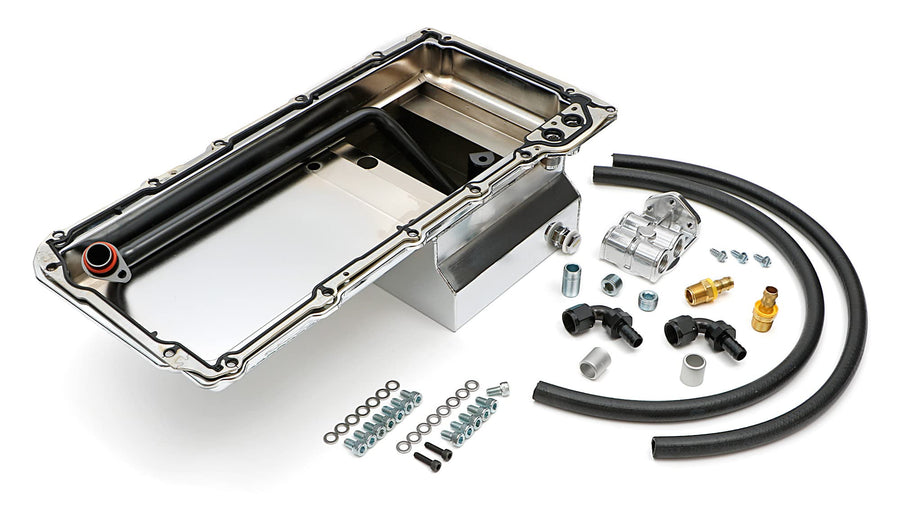 LS SWAP OIL PAN/FILTER RELOCATION KIT - TRANS-DAPT PERFORMANCE; SINGLE FILTER; HORIZONTAL PORT; CHROME PAN (0184)
