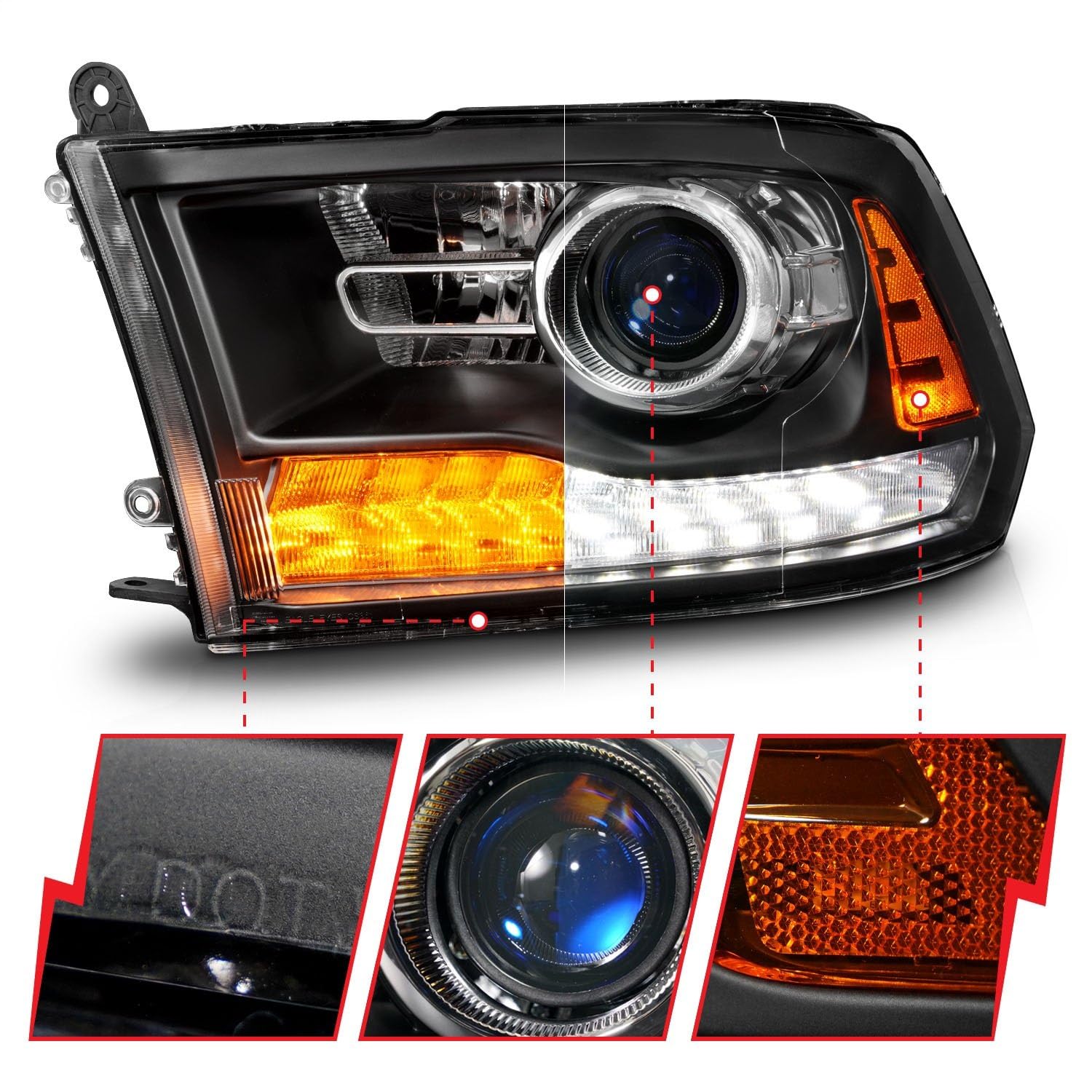 09-18 Dodge Ram 1500/2500/3500 ANZO LED Plank Style Headlights Switchback + Sequential - Matte Black