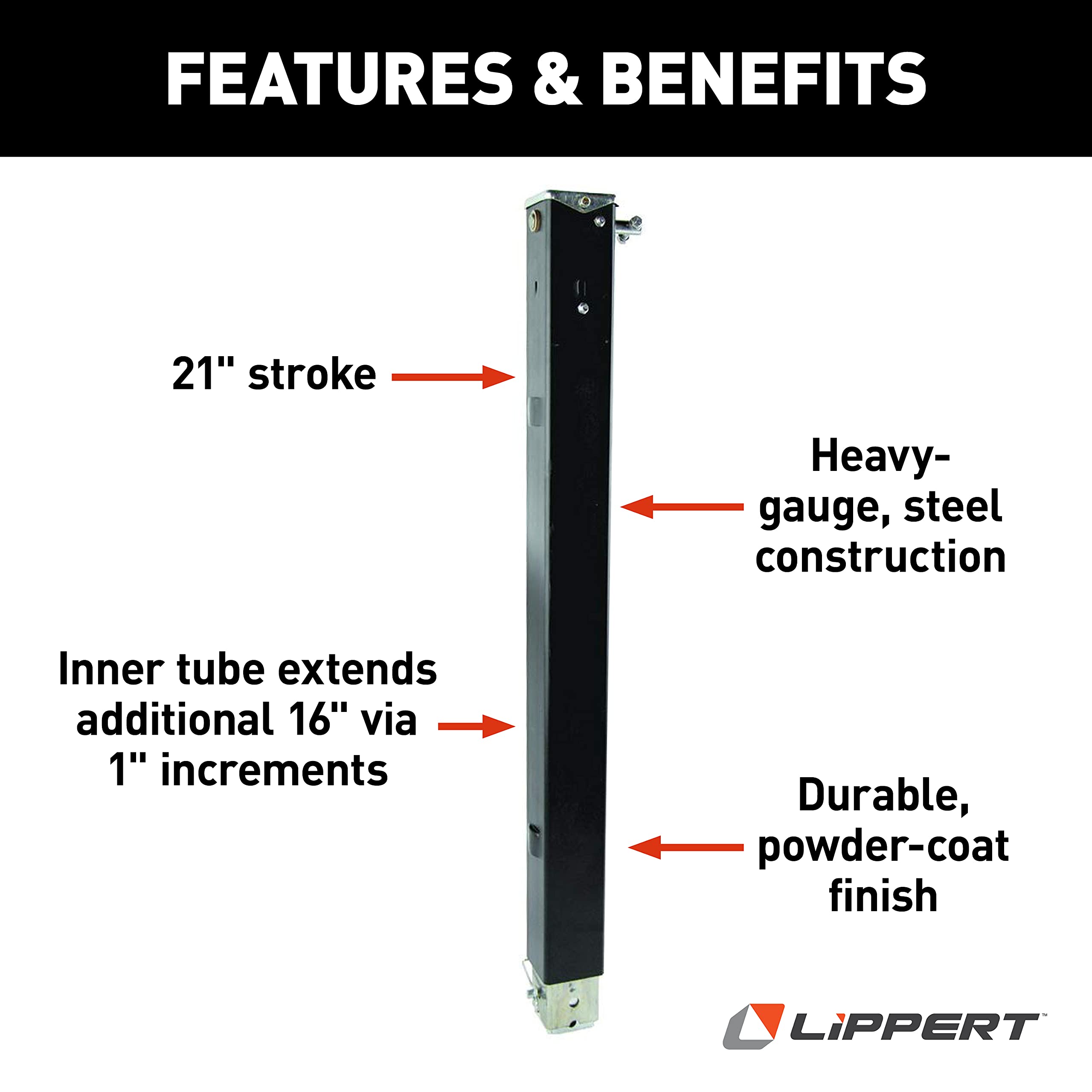5th Wheel Lippert Landing Gear Follow Leg, 29-1/2" Universal Replacement with Snap Pin, Durable Powder-Coated Assembly - 179014, Black