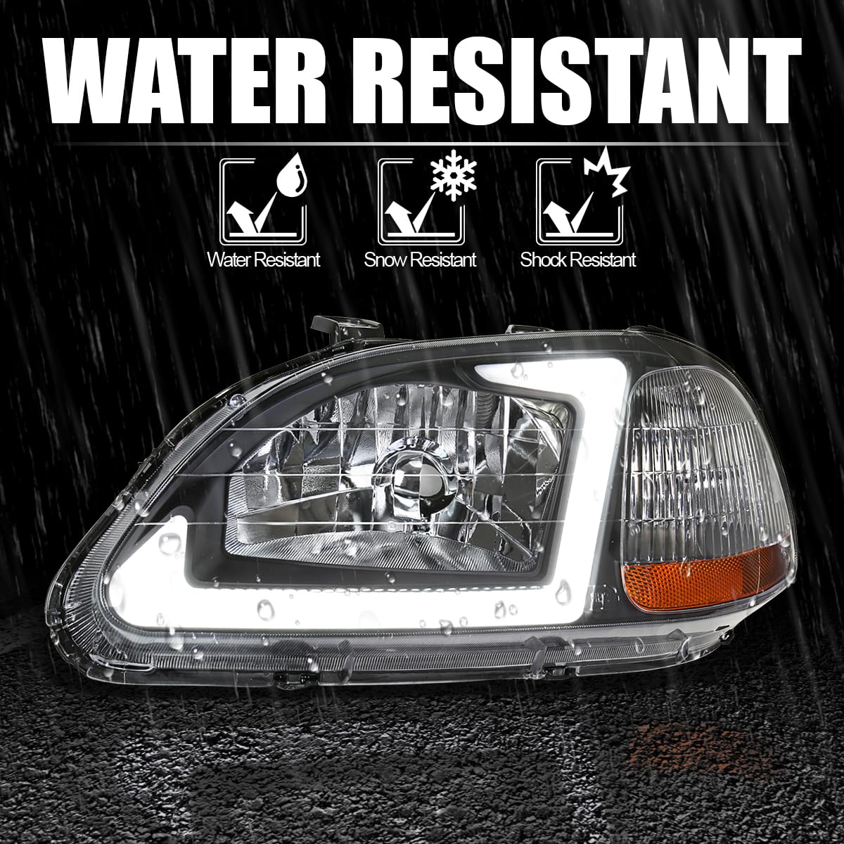 Black Headlights w/LED Tube Bar SPEC-D TUNING Compatible with 1996-1998 Honda Civic 2/4Dr