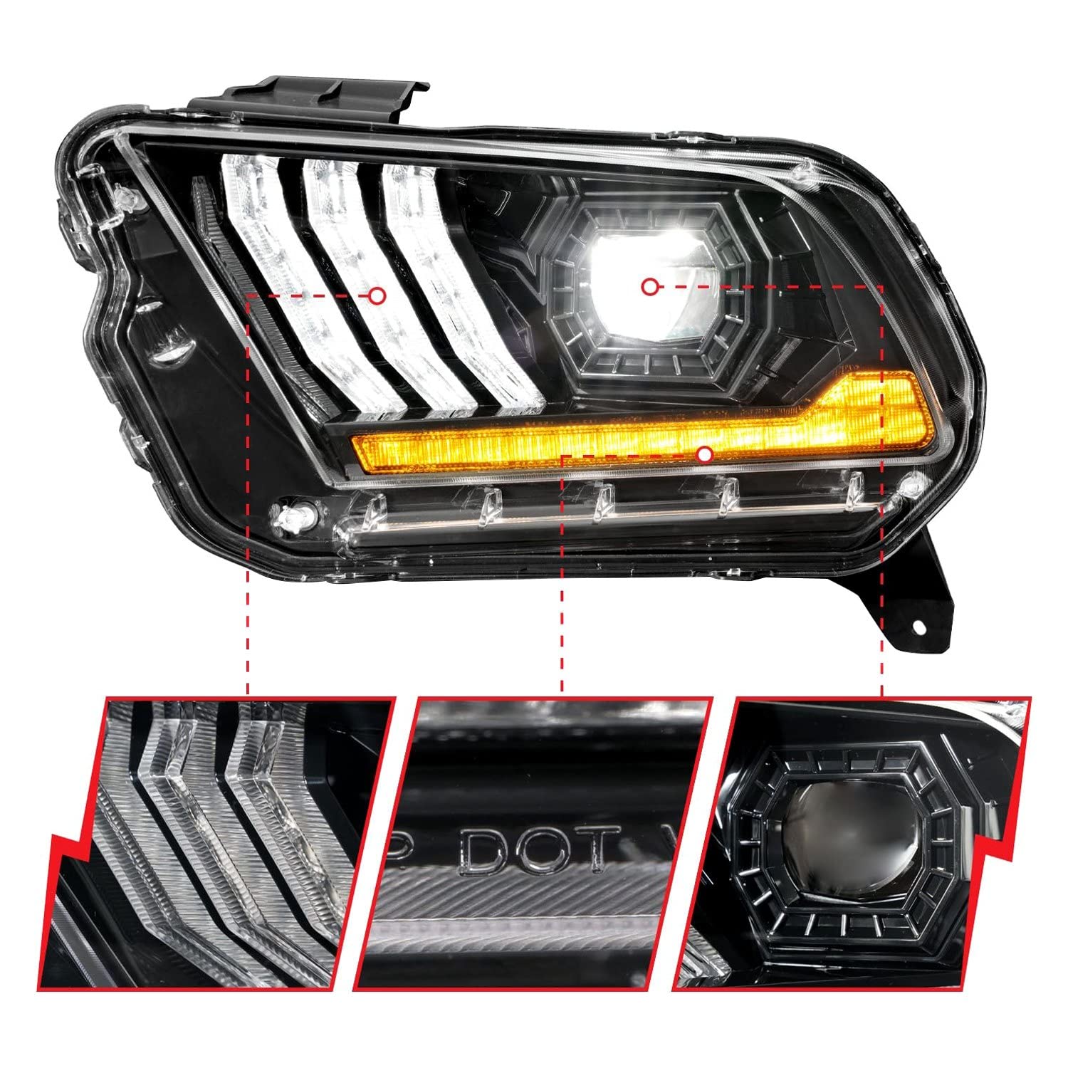 Projector Headlights ANZO 13-14 Ford Mustang (w/Factory HID/Xenon HL only) Black w/Light Bar