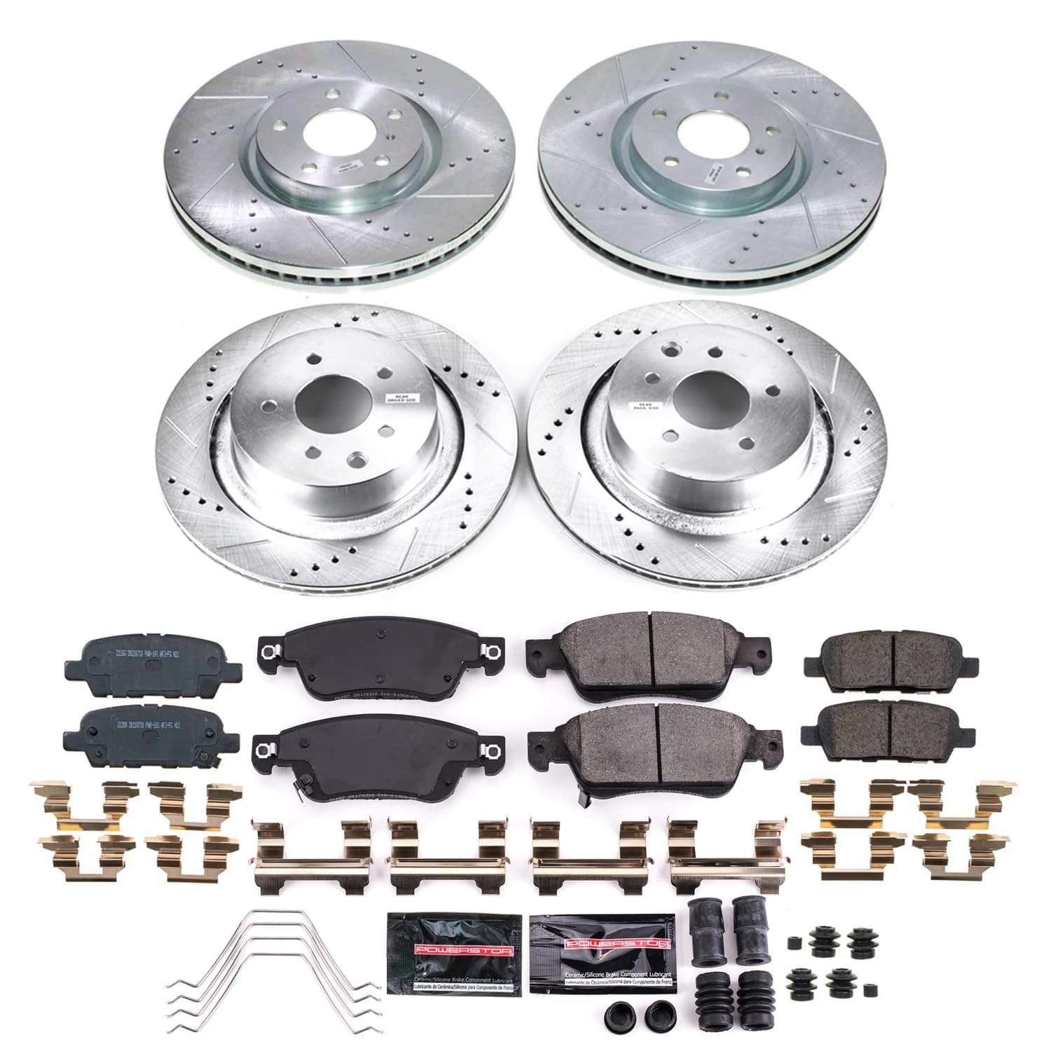 POWERSTOP Z23 Carbon-Fiber Ceramic Brake Pads and Front and Rear Drilled and Slotted Rotors Brake Kit For INFINITI Q60 2014-2015 [Vehicle Specific]