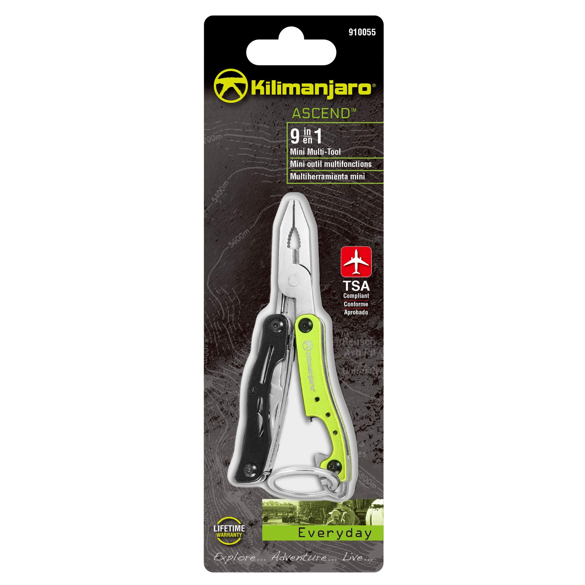 910055 Kilimanjaro Ascend 9 in 1 Multi-Tool -with TSA Compliant, Long Nose Pliers, Wire Stripper, Bottle Opener, Scissors, Phillips and Slotted Screwdriver, Single Cut File, Tweezers, Key Chain