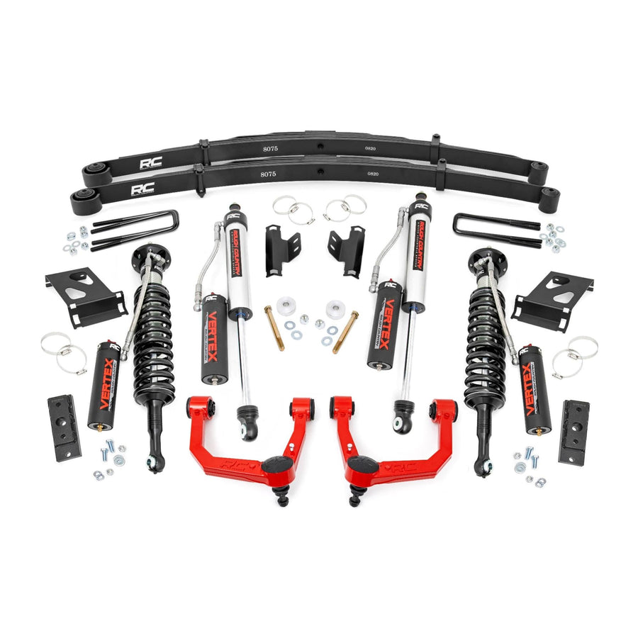 3.5" Rough Country Bolt-On Lift Kit with Vertex Coilovers/Vertex Shocks for Toyota Tacoma 4WD (2005-2023) - Lifted Leaf Springs, Red Control Arms
