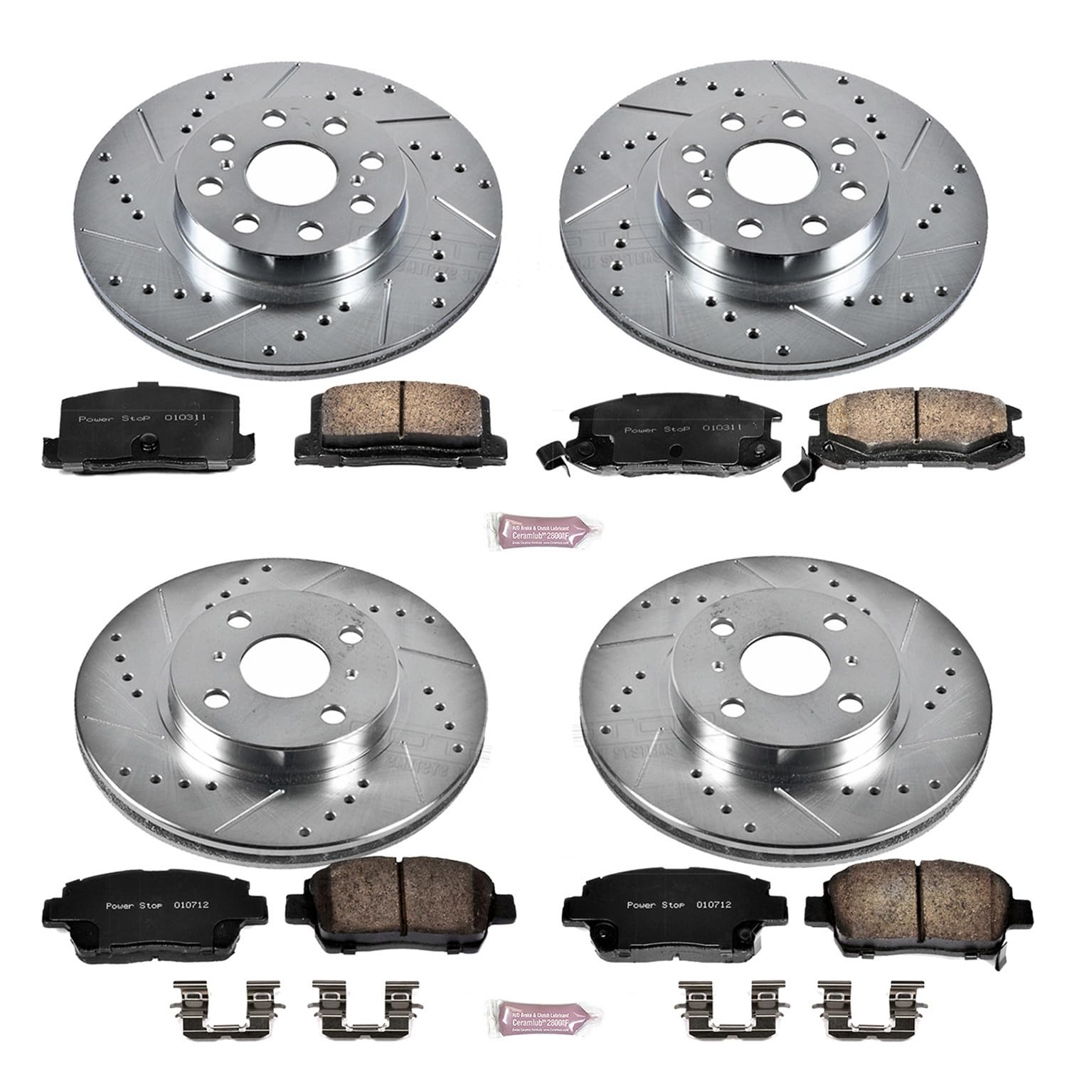 Power Stop K822 Z23 Carbon Fiber Brake Pads Front and Rear with Drilled & Slotted Brake Rotors Kit For Toyota MR2 Spyder 2000-2005 [Model Specific]