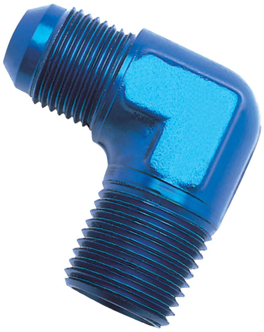 660860 Edelbrock/Russell Blue Anodized Aluminum -8AN 90-Degree Flare to 3/8" Pipe Adapter Fitting