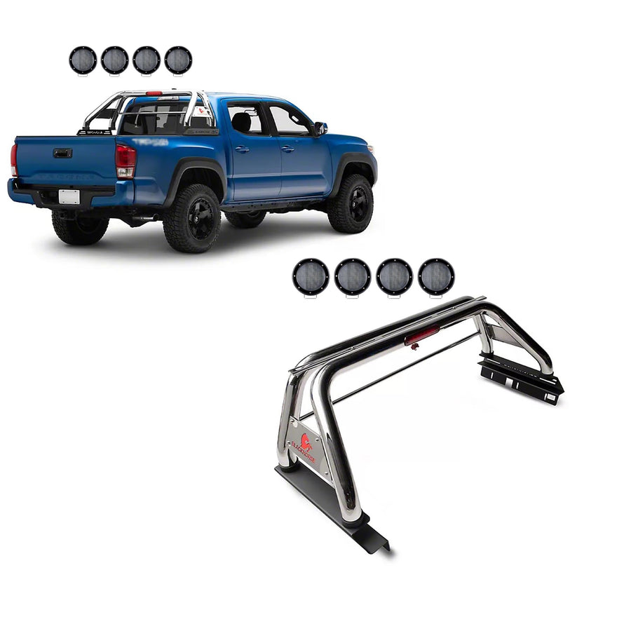 Classic Black Horse Roll Bar Incl. Set of 5.3" Dia.LED Lights w/Black Trim Rings Stainless Steel Compatible with 2005-2024 Toyota Tacoma-RB006SS-PLFB