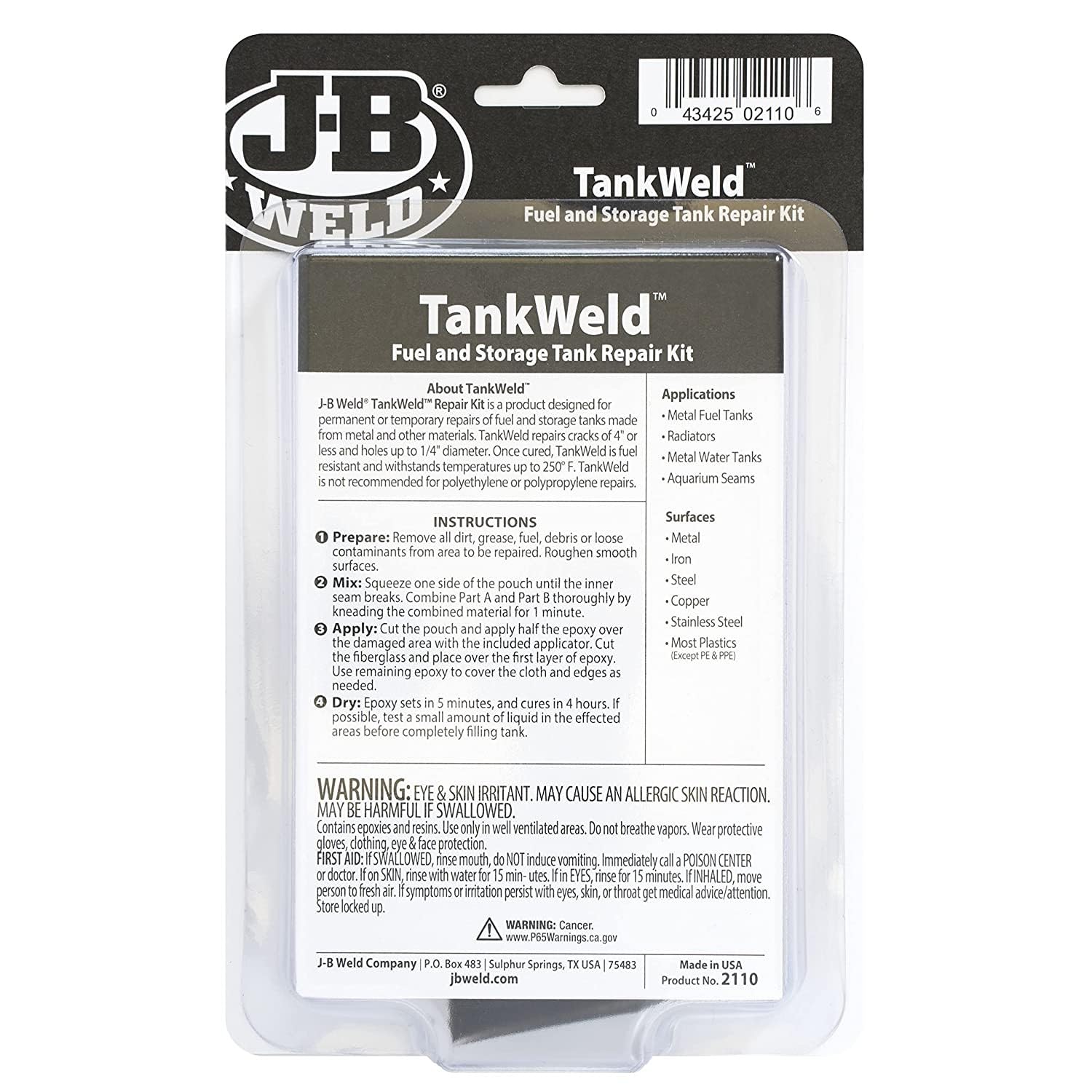 Metal J-B Weld 2110 Fuel Tank Repair Kit, Gray