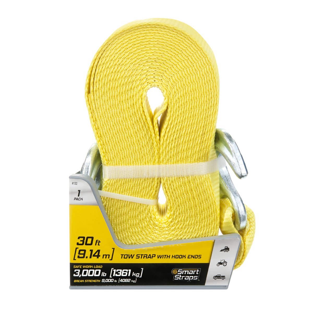 SmartStraps WINSTON PROD 30’ Commercial Duty Tow Strap with Hooks — 9,000lbs Break Strength, 3,000lbs Safe Work Load – Recovery Strap for Stuck Vehicles and Machinery
