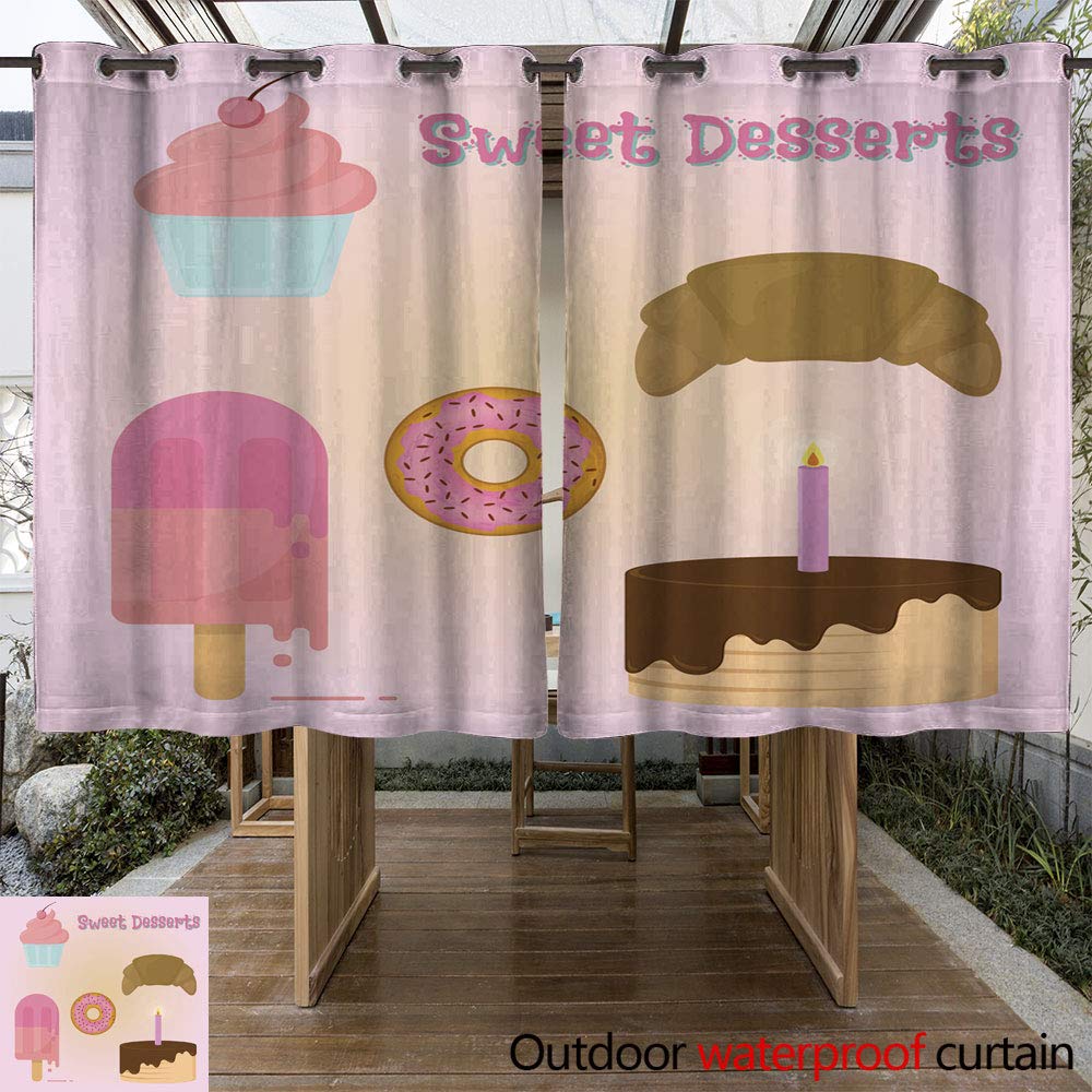 Home WinfreyDecor Patio Outdoor Curtain Sweet Dessert Croissant Donut Cake Cupcake Icecream in Flat Style W108 x L72