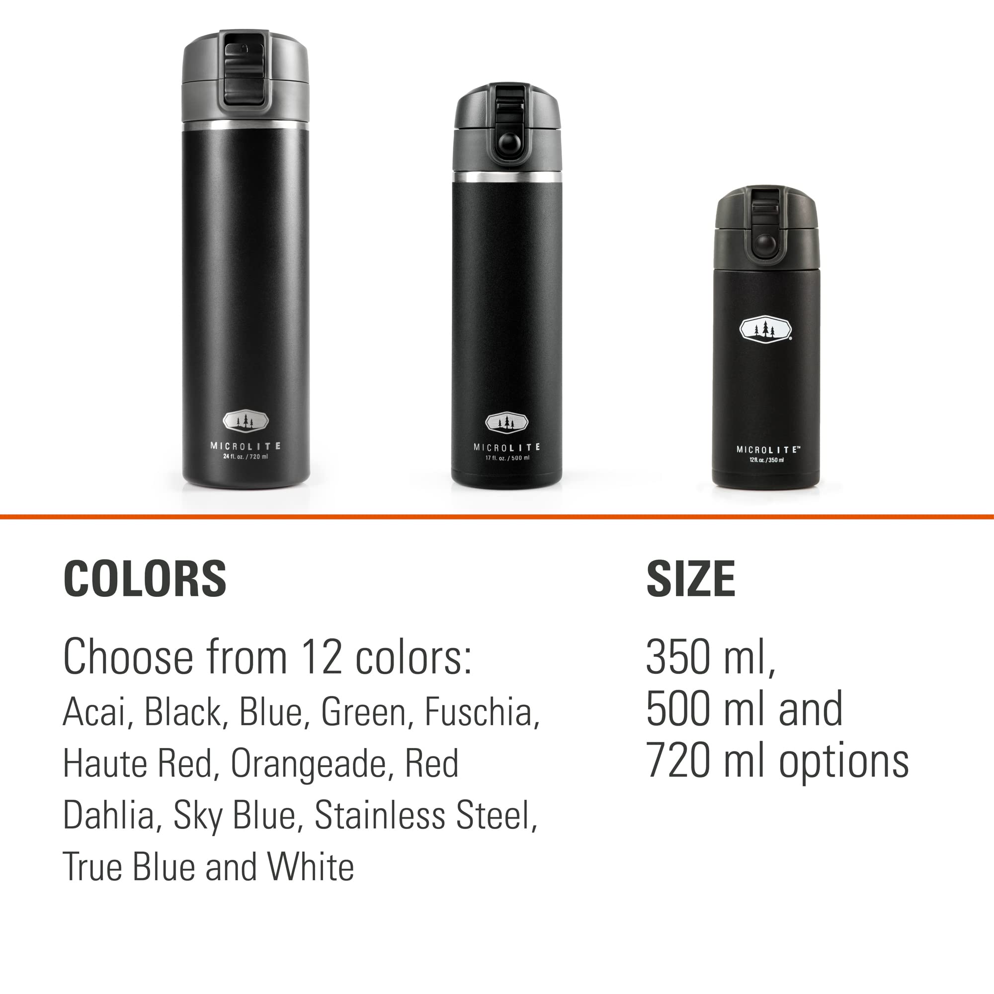 Microlite Water Bottle, GSI Outdoors, Vacuum-Insulated Stainless Steel, for Camping, Black, 17 Fluid Ounces