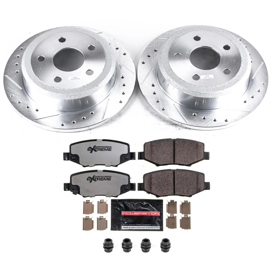 Rear Brake Kit Power Stop For 2007 2008 2009 2010 2011 2012 2013 2014 2015 2016 2017 Jeep Wrangler - Truck & Tow Carbon Fiber Ceramic Brake Pads & Drilled and Slotted Rotors Replacement, K3090-36