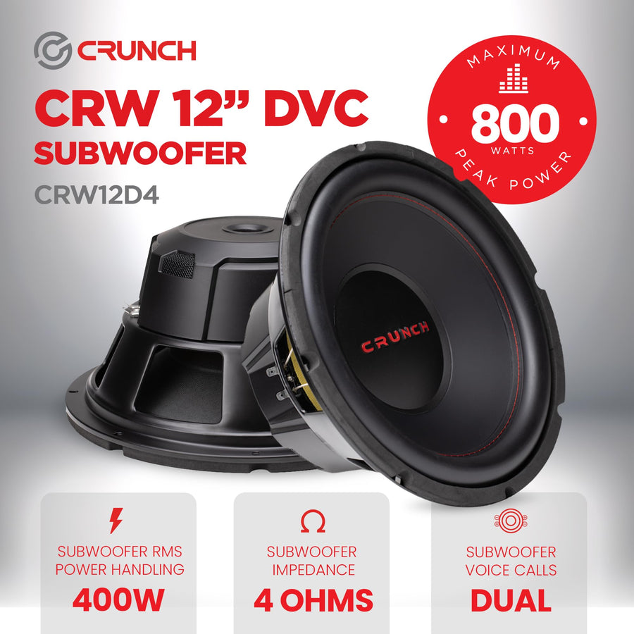 CRW12D4 Crunch 12 Inch Subwoofer 800 Watt MAX 400 Watt RMS Car Audio Speaker with 4 Ohm DVC Dual Voice Coil