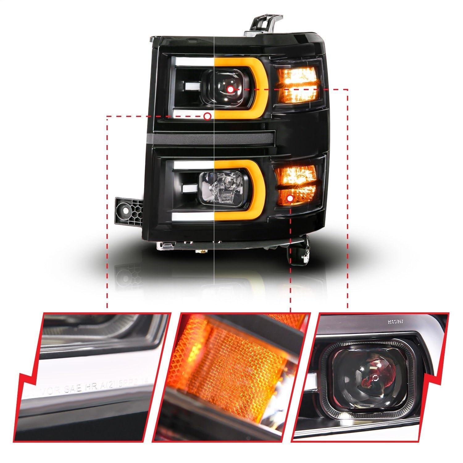 Chevy Silverado 1500 Anzo 14-15 Black Dual Switchback+Sequential LED Tube Sq. Projector Headlights