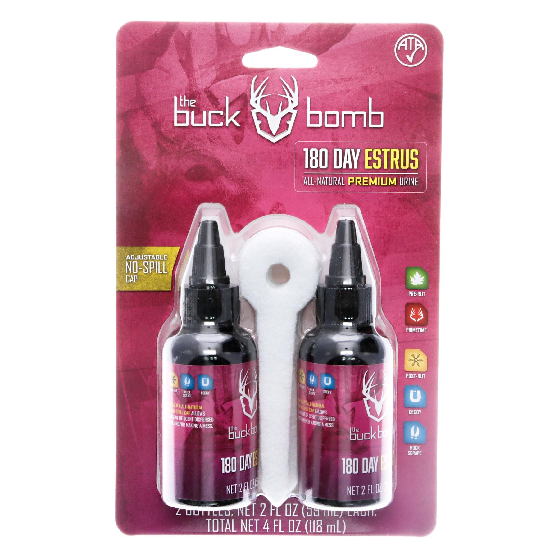 Buck Bomb Hunters Specialties Natural 180 Day Estrus Liquid Scent w/Wicks | Deer Buck Lure Hunting Primetime Post/Pre Rut Scent Attractant for Hunting, 2 Oz - Pack of 2 Bottles