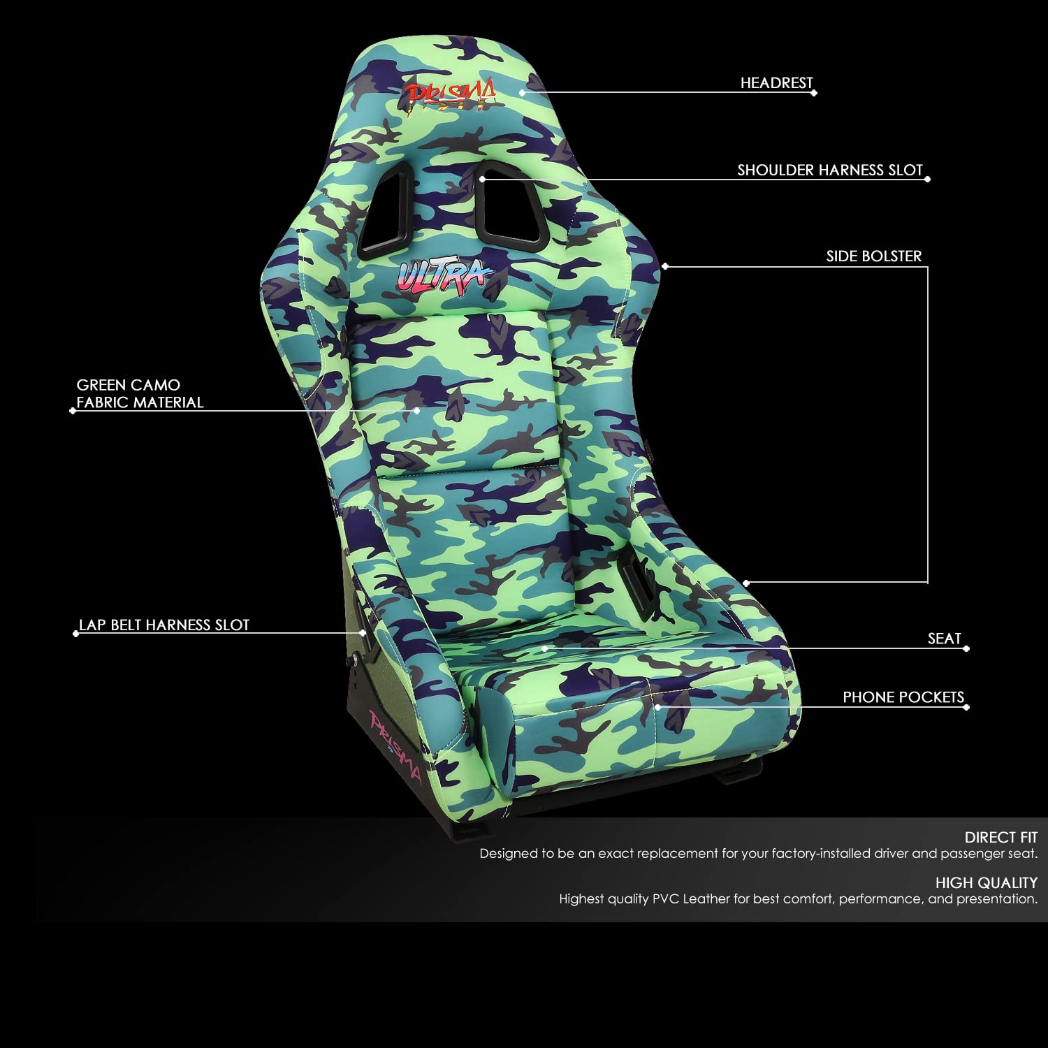 NRG Innovations Prisma FRP-303-GIJ Fixed Back Bucket Racing Seat with Bottom Mount Bracket, Green Camo/Green Glitter Back