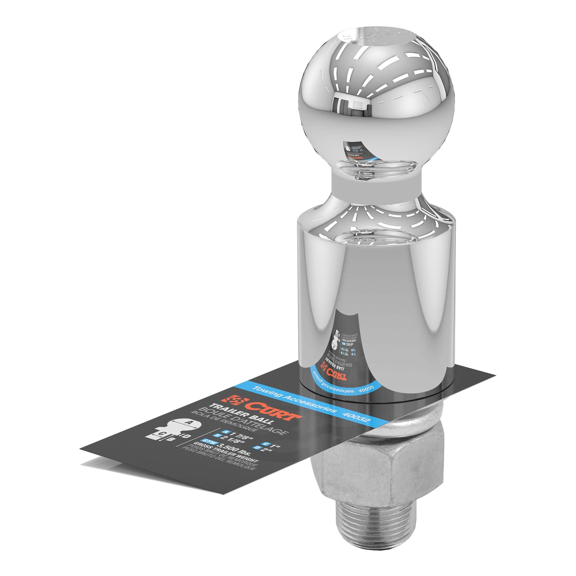 CURT Chrome Trailer Hitch Ball 40032, 3,500 lbs, 2-Inch Rise, 1-7/8-Inch Diameter, 1 x 2-1/8-Inch Shank