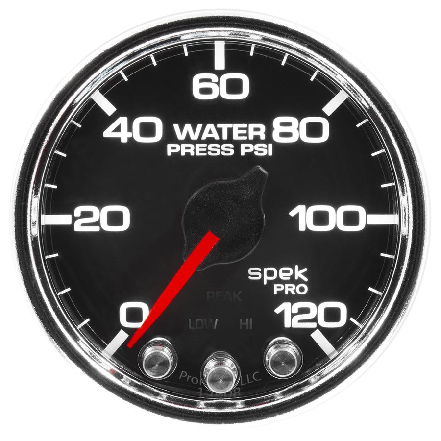 AutoMeter P34531 Water Press Gauge (Spek-Pro 2 1/16", 120Psi, Stepper Motorwith Peak & Warn, Blk/Chrm, Spek-Pro)