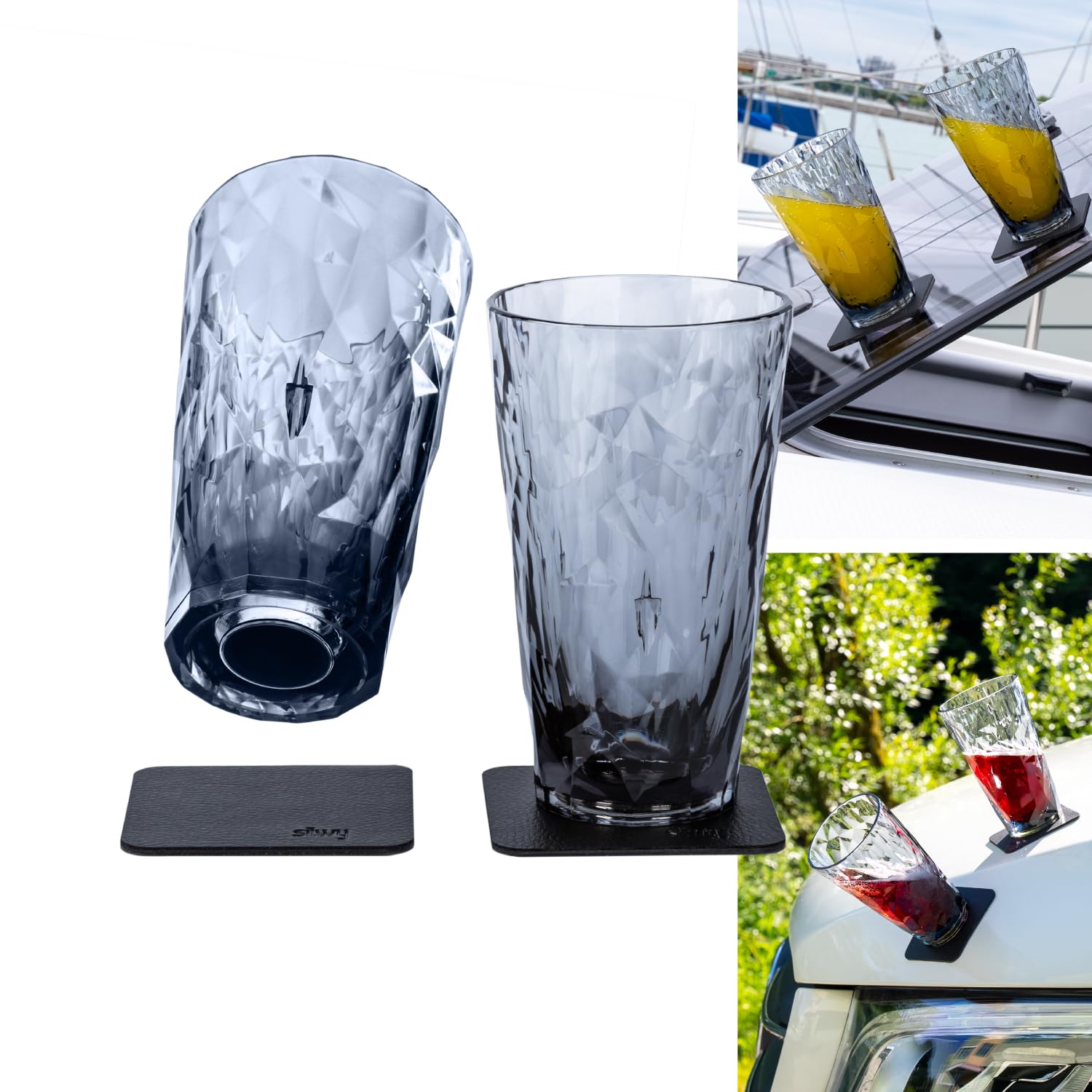 High-Tech silwy® Magnetic Plastic Longdrink (0.3L, Set of 2) with Non-Slip Metal Nano Gel Pads – Ideal for Camping, Boating, and Yacht Accessories (Grey)