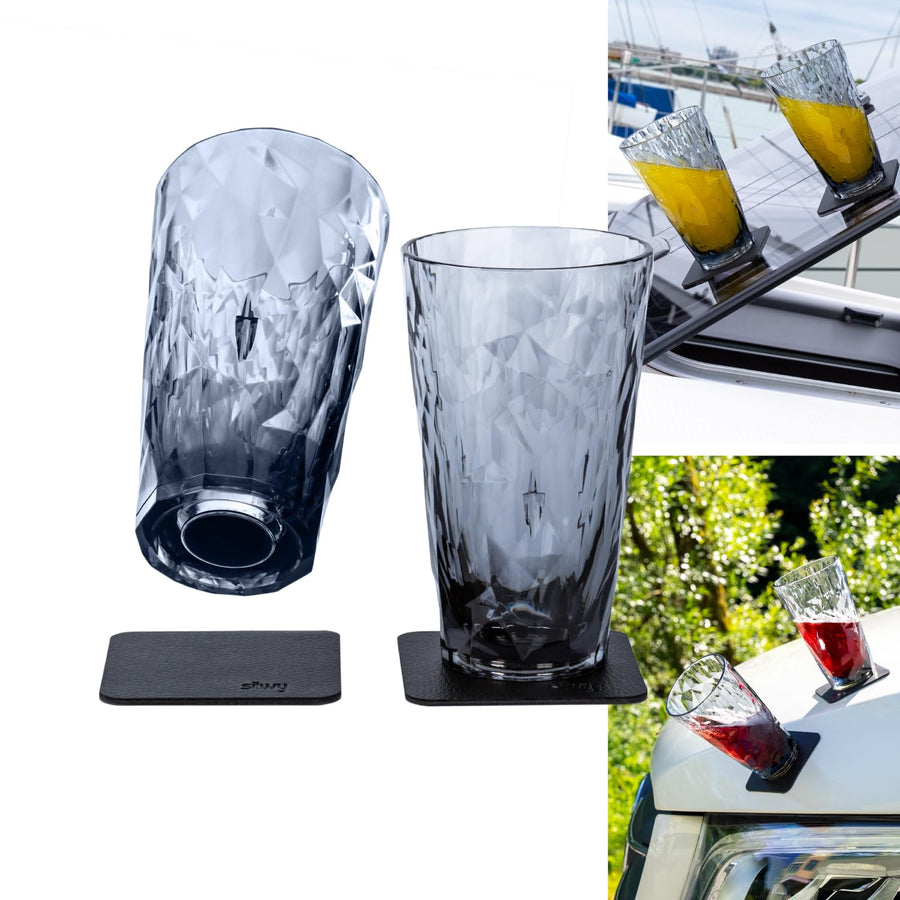 High-Tech silwy® Magnetic Plastic Longdrink (0.3L, Set of 2) with Non-Slip Metal Nano Gel Pads – Ideal for Camping, Boating, and Yacht Accessories (Grey)