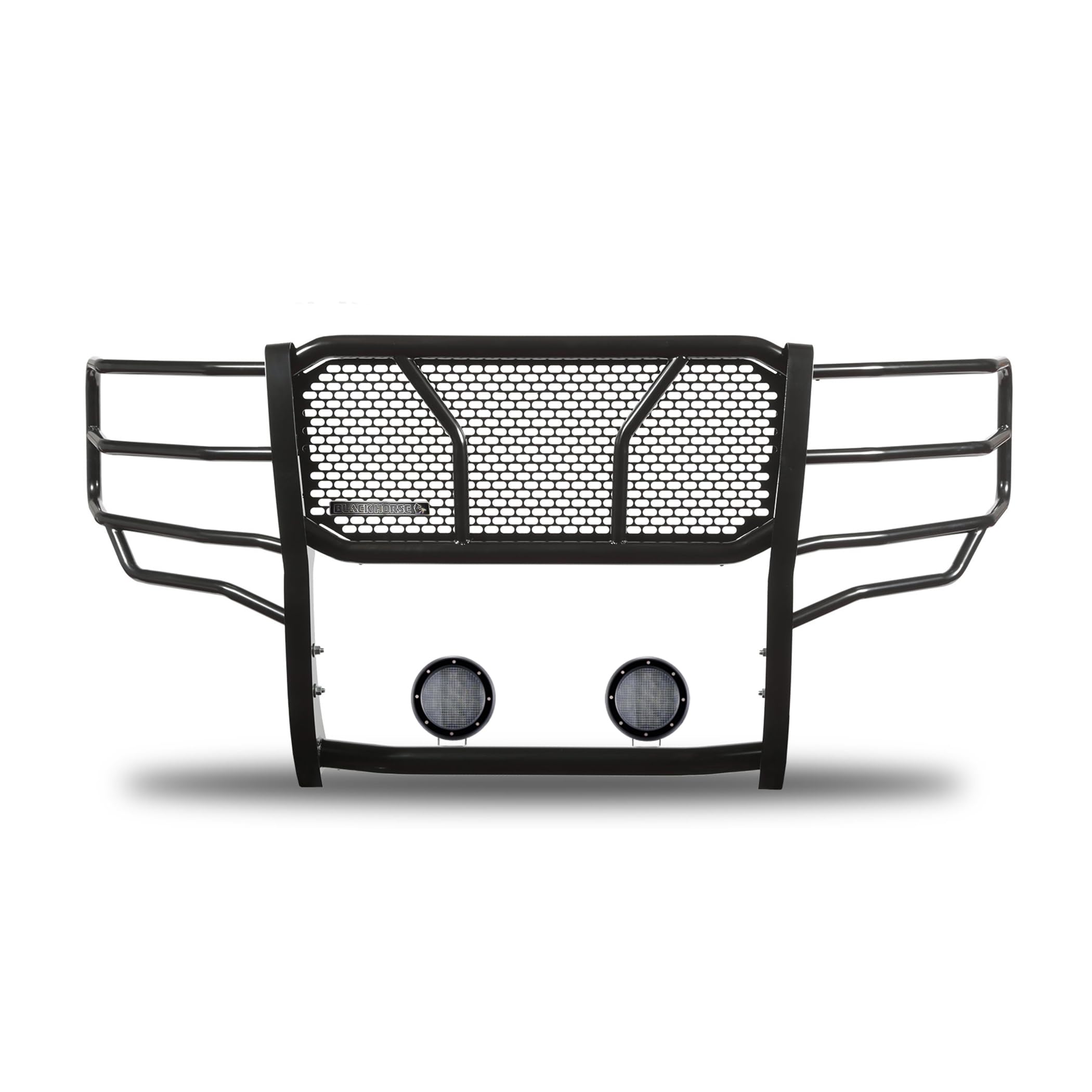 Heavy Duty Black Horse Rugged Grille Brush Bumper Guard Modular Black Come with Pair of 5.3" LED Lights with Black Trim Rings Compatible with 2015-2019 Silverado 3500 HD/2500 HD-RU-CHSI15-B-PLFB