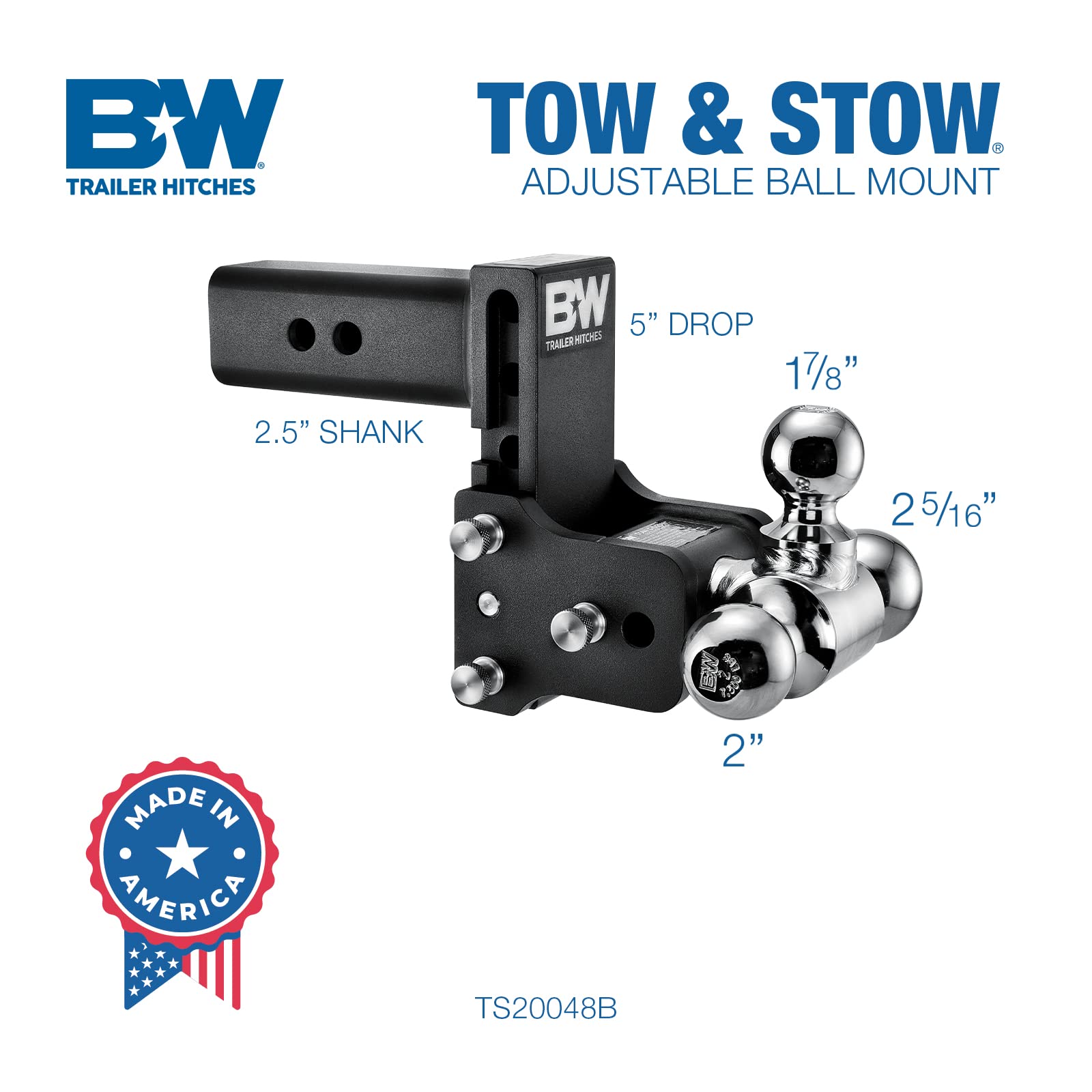 B&W Trailer Hitches Adjustable Tow & Stow Trailer Hitch Ball Mount - Fits 2.5" Receiver, Tri-Ball (1-7/8" x 2" x 2-5/16"), 5" Drop, 18,000 GTW - TS20048B