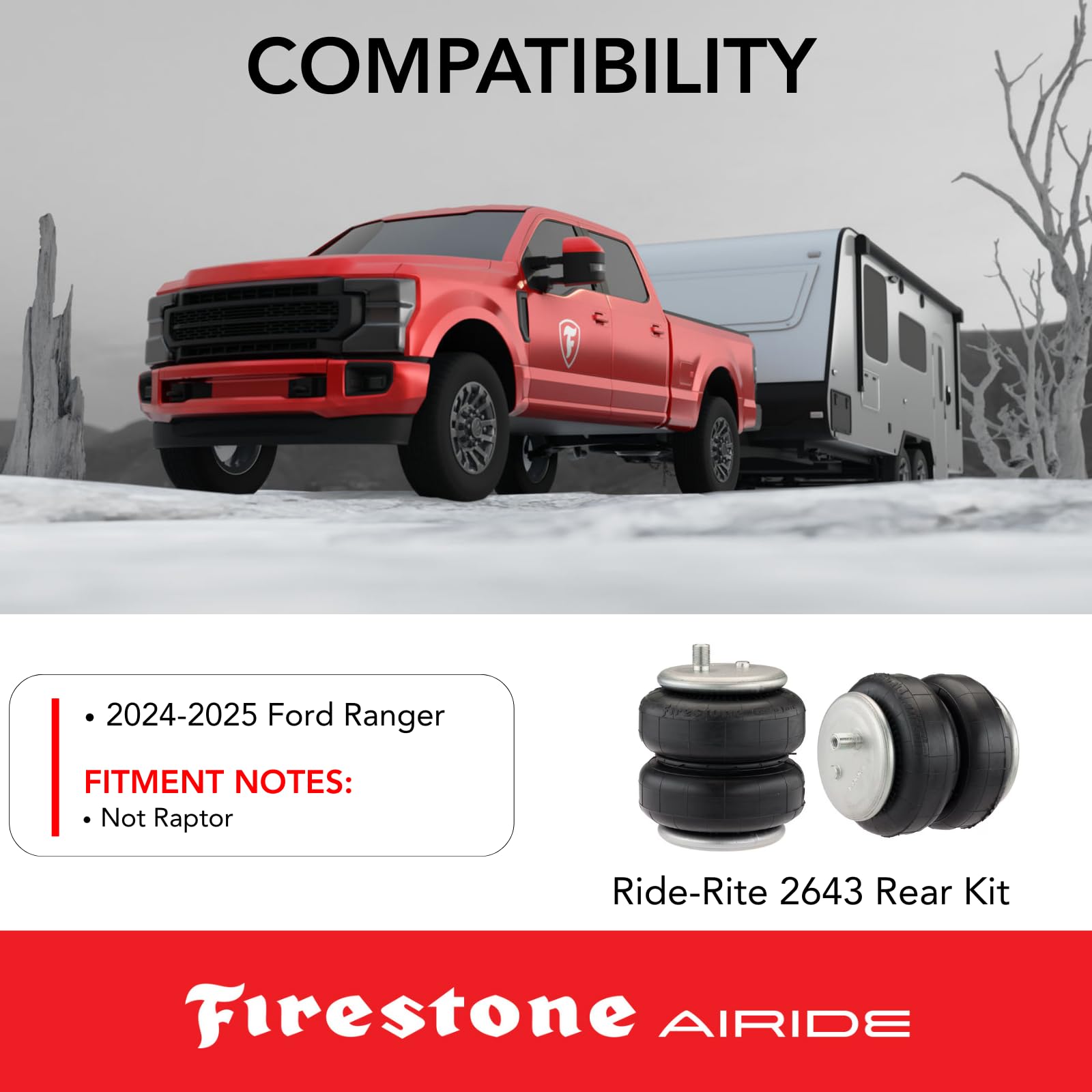 Firestone Ride-Rite 2643 Rear Air Spring Kit fits 2024-2025 Ranger excluding Raptor Model | Not Compatible with In-Bed Hitch | 5-100 PSI | Easy Installation