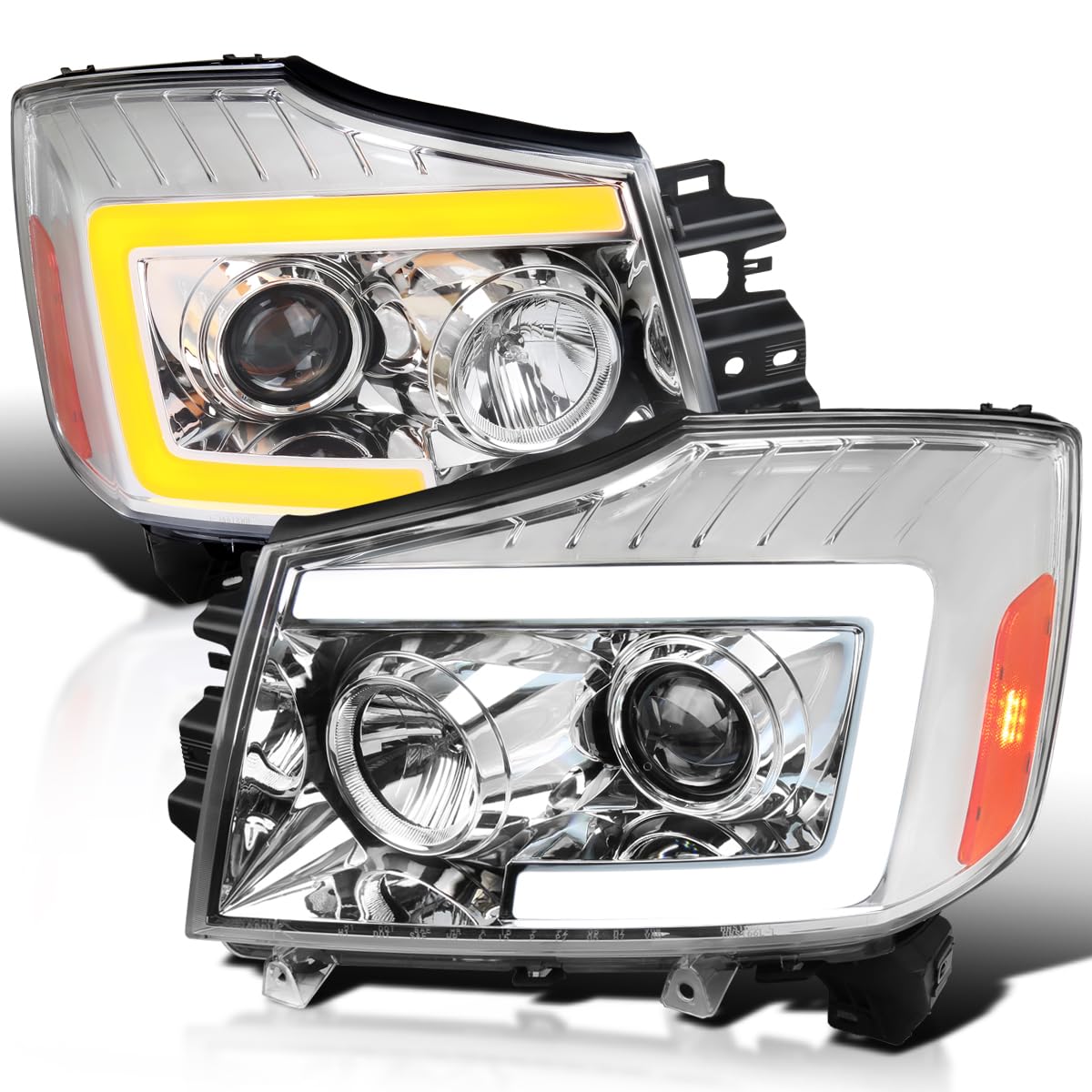 Chrome Projector Headlights SPEC-D TUNING w/Sequential LED Turn Signal Compatible with 2004-2015 Nissan Titan, 2004-2007 Nissan Armada, Left + Right Pair Headlamps Assembly