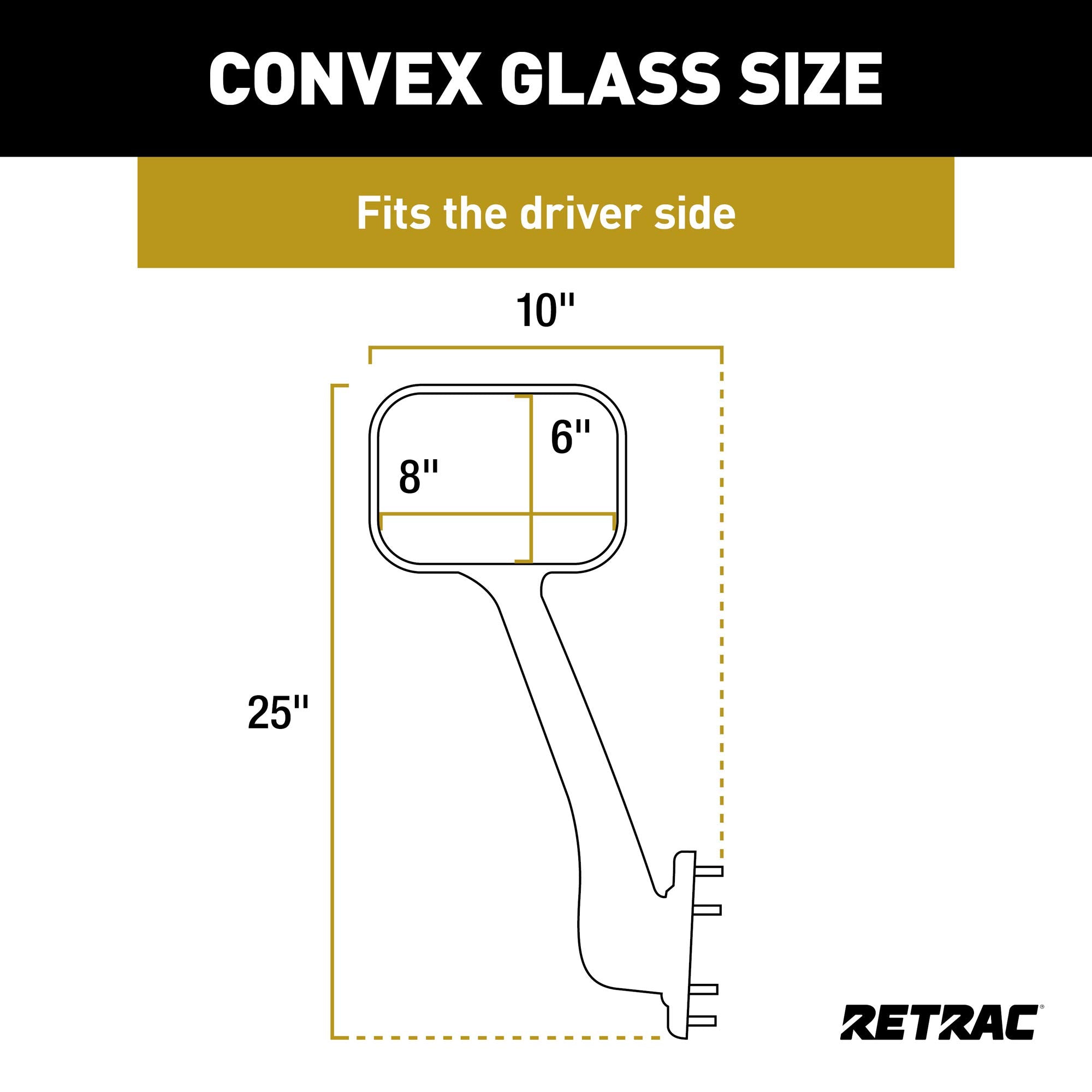 8 x 6-Inch Retrac Pedestal-Mount Driver-Side Convex Mirror Assembly, Black ABS Plastic