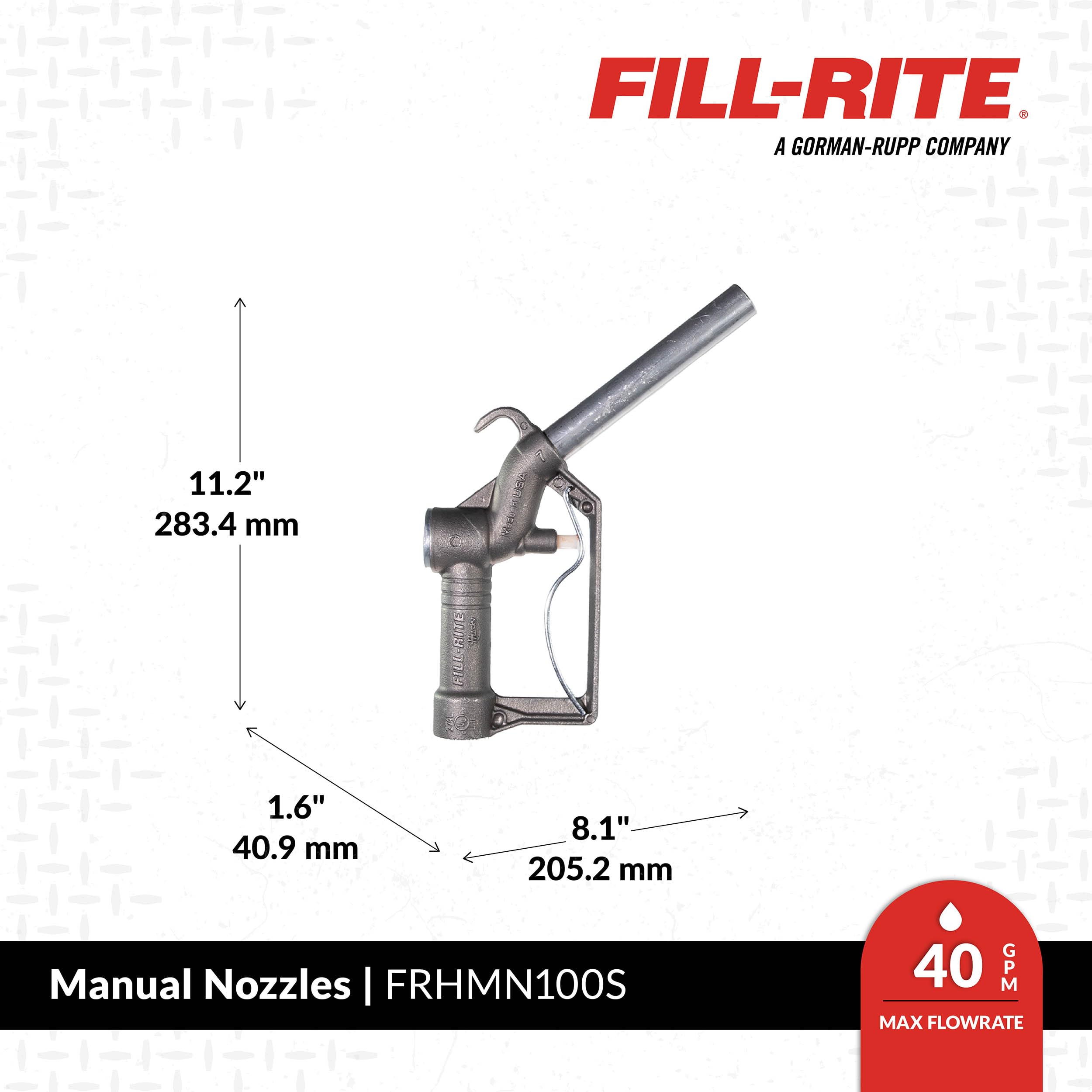 1" Fill-Rite FRHMN100S Manual Nozzle Up to 40 GPM (150 LPM) with Hook