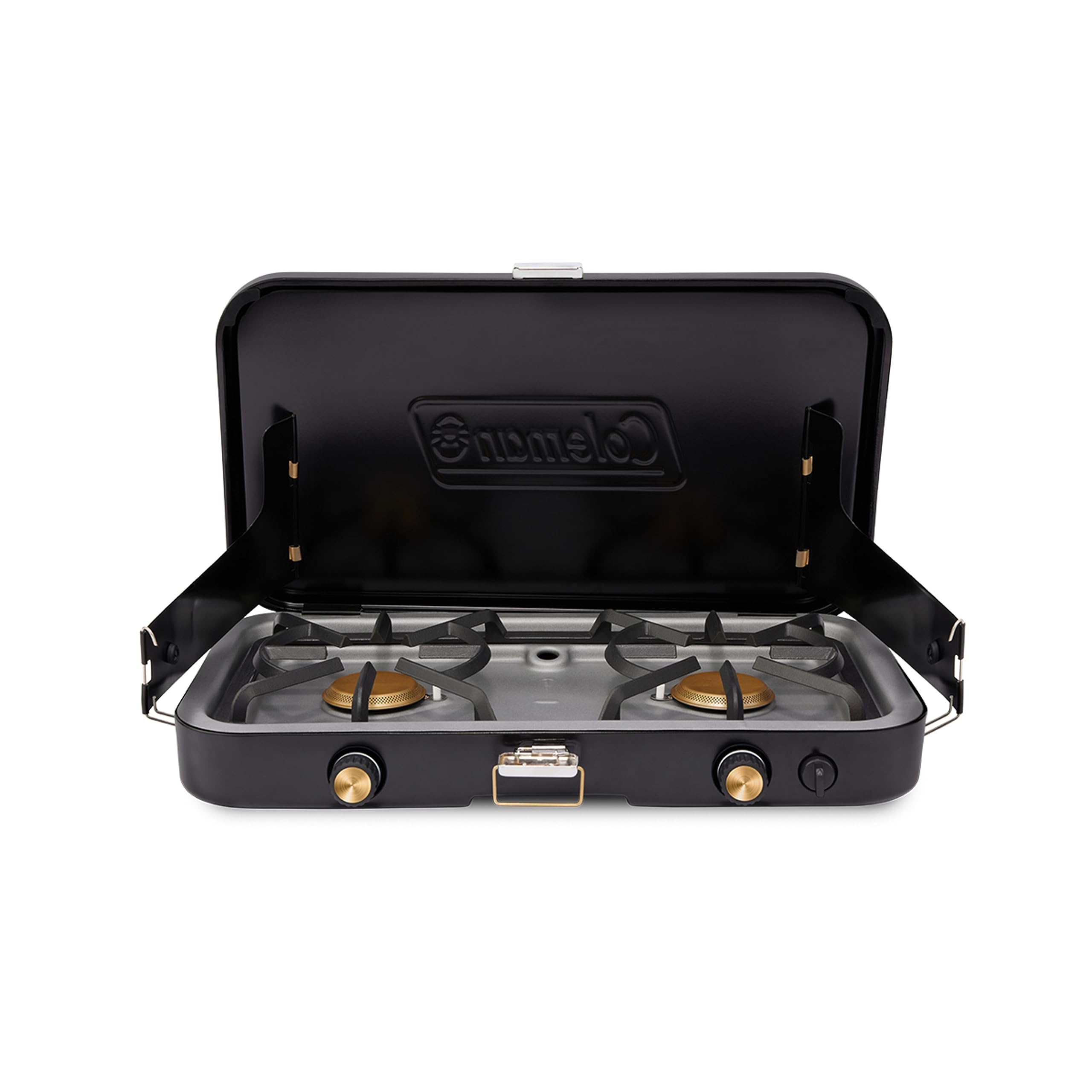 Coleman 3-in-1 Propane Camping Stove 1900 Collection, Cast Iron Grill & Griddle Accessories Included, 24,000 BTUs Across 2 Adjustable Burners with Wind Guards & Matchless Lighting
