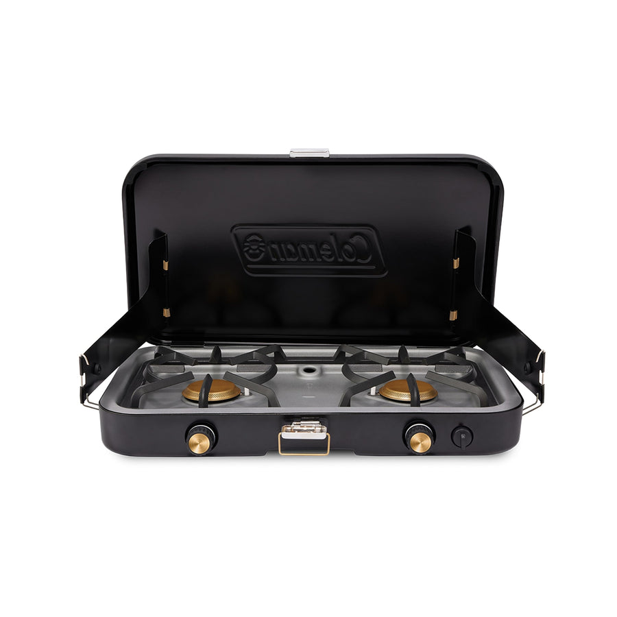 Coleman 3-in-1 Propane Camping Stove 1900 Collection, Cast Iron Grill & Griddle Accessories Included, 24,000 BTUs Across 2 Adjustable Burners with Wind Guards & Matchless Lighting