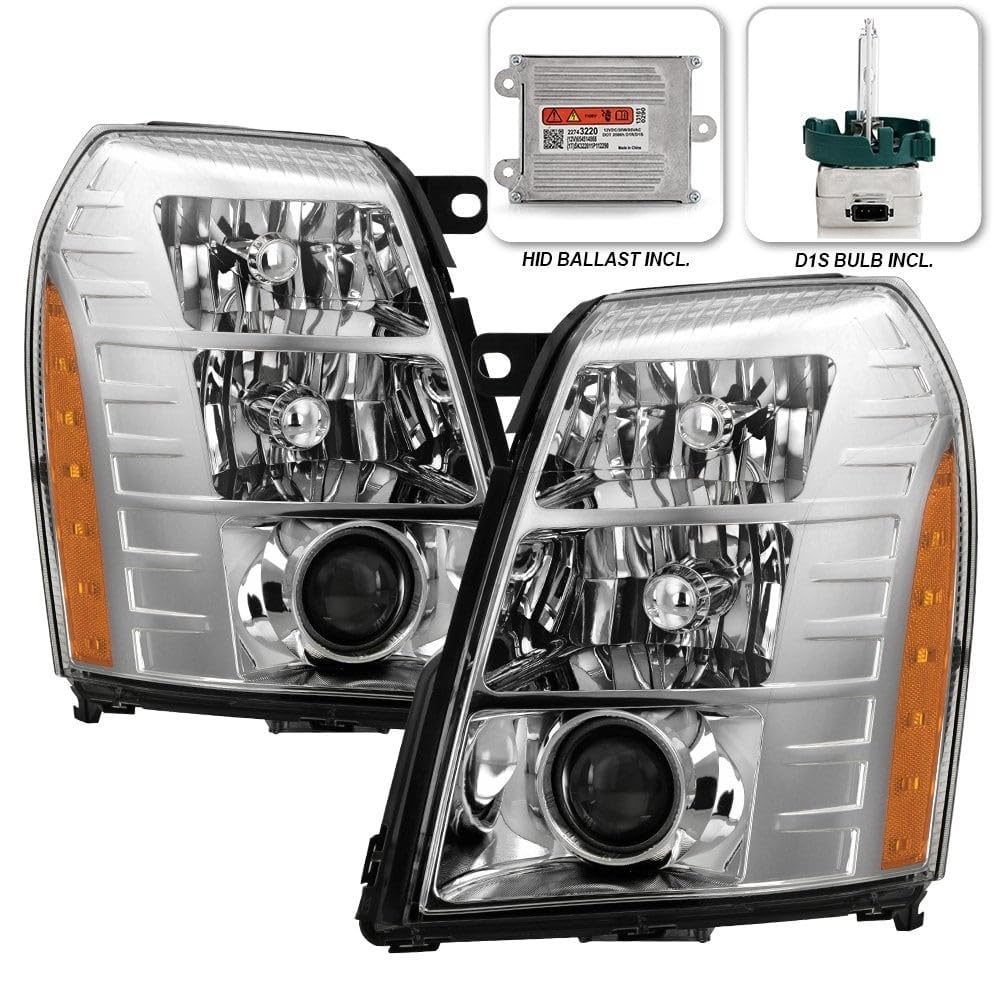 Cadillac Escalade & EVS Spyder (OE) 07-14 / Escalade EXT 07-13 w/HID Ballast & Bulbs Projector Headlights Assembly - Chrome Set