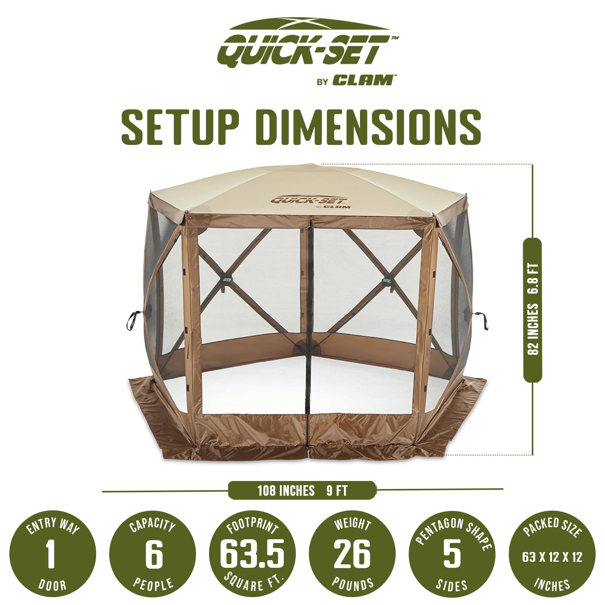 Pop Up CLAM Screen Tent, Outdoor Camping Gazebo Canopy, Venture, 9' x 9', Brown