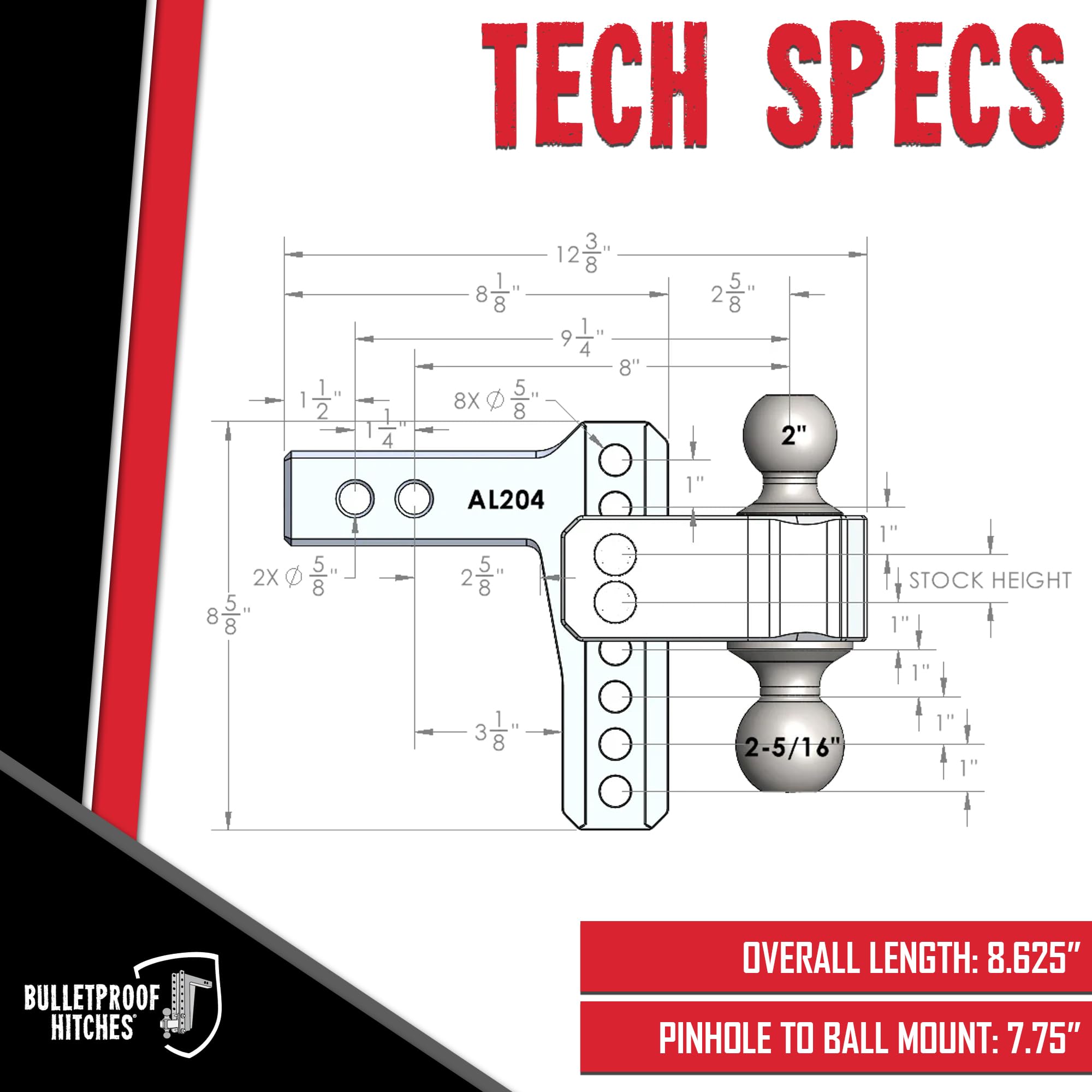 2.0" BulletProof Hitches Aluminum Trailer Hitch (14,000 lb. Rating) - Adjustable Hitch with 4" Drop/Rise and 2" & 2-5/16" Dual Ball - Corrosion-Resistant Tow Hitch