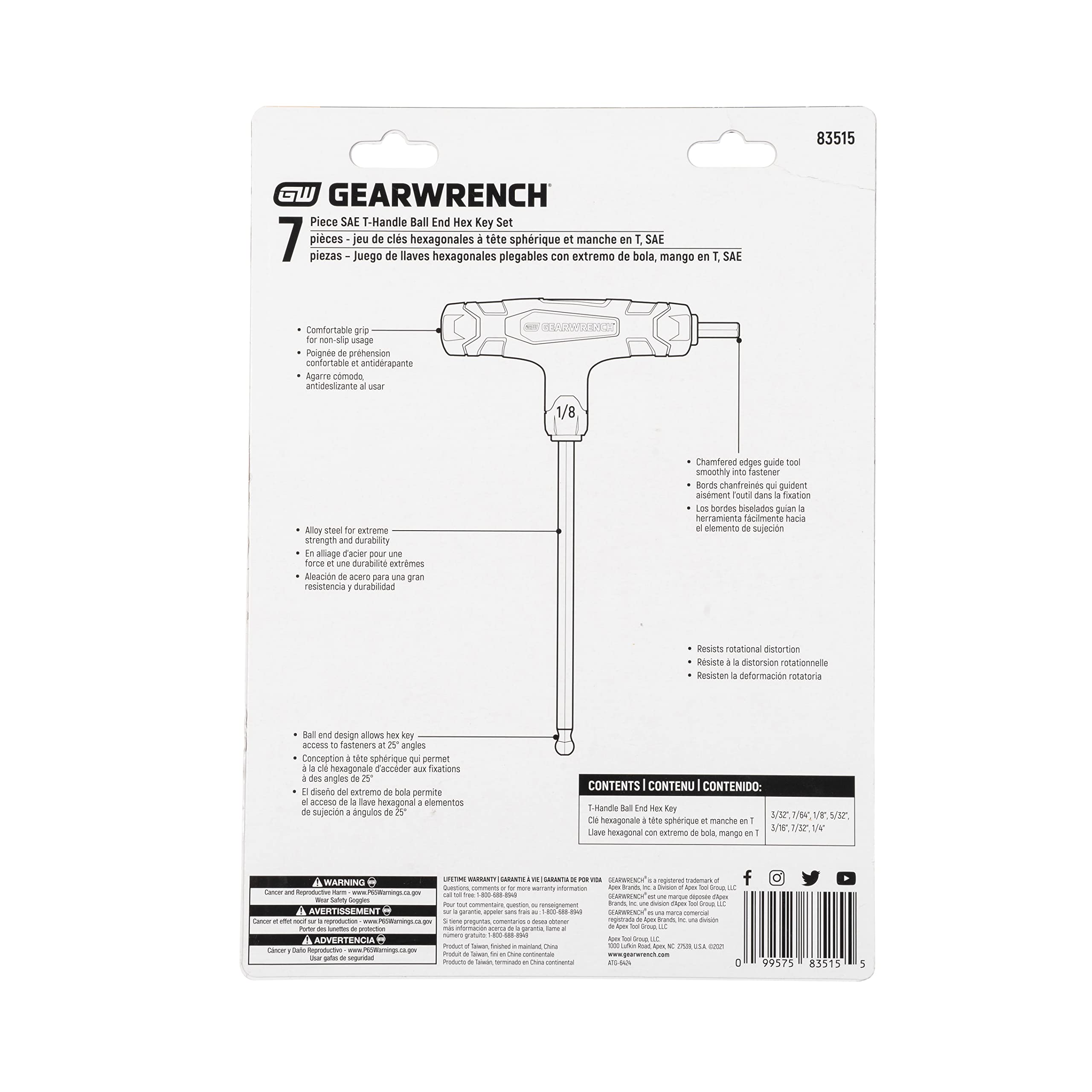 7 Piece GEARWRENCH SAE T-Handle Ball End Hex Key Set - 83515