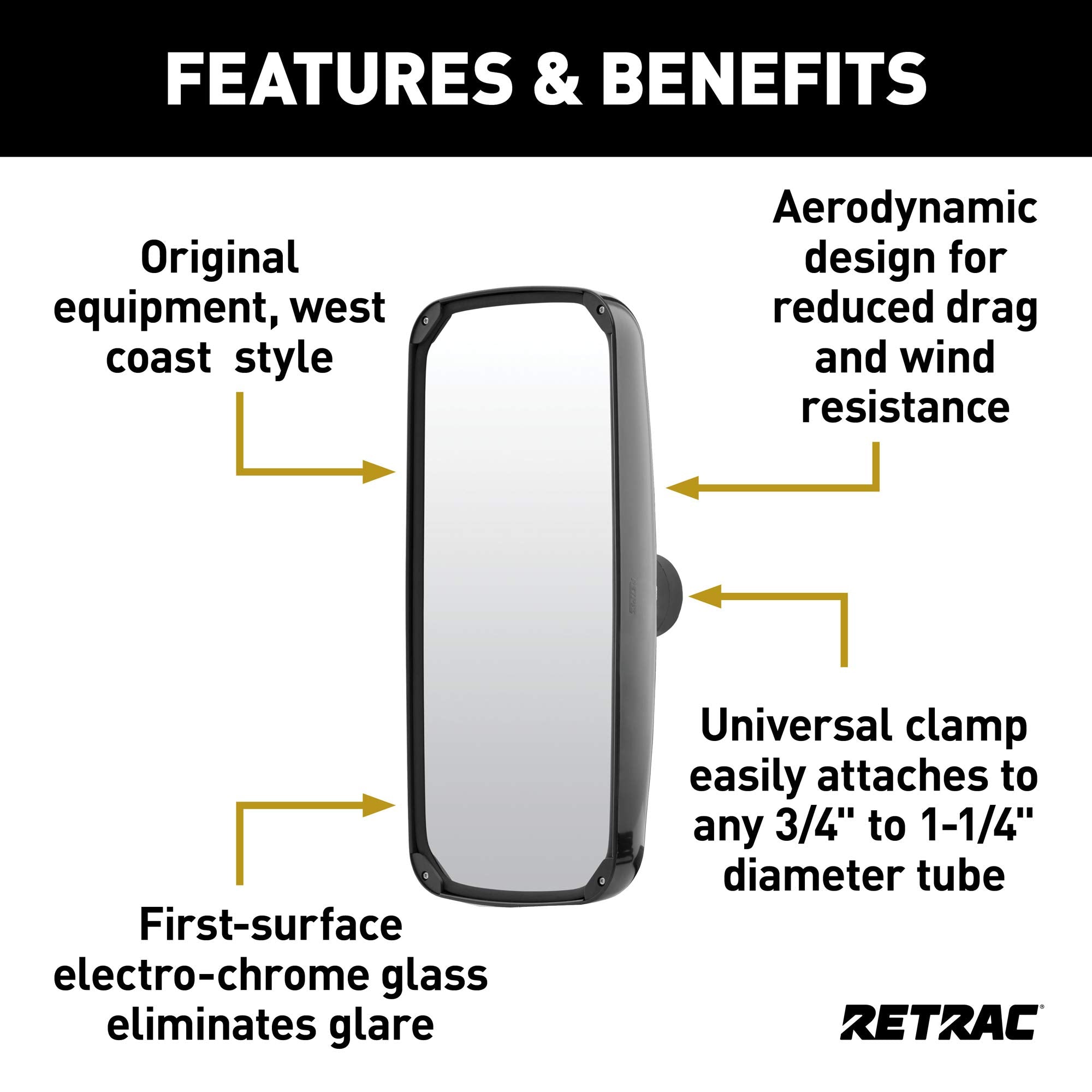 8 x 17-Inch RETRAC Aerodynamic Plastic West Coast Mirror Head, Fits 3/4 to 1-1/4-In Tube, Universal Driver or Passenger Side, Chrome
