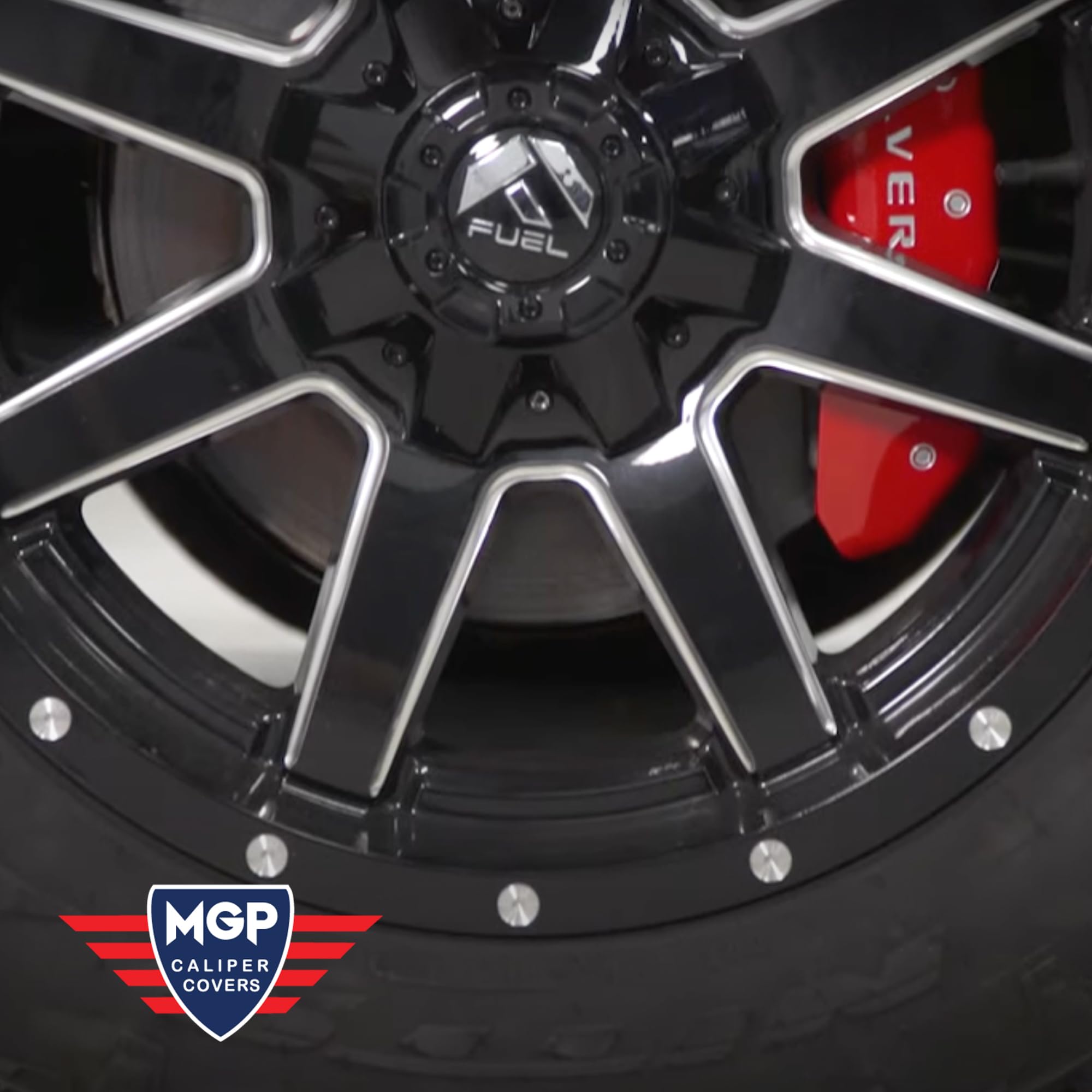 Brake Caliper Covers MGP for Ford F-150 1999-03, F-150 Heritage 2004 Red Finish Engraved Silver MGP Logo, Front and Rear Caliper Cover (Set of 4)