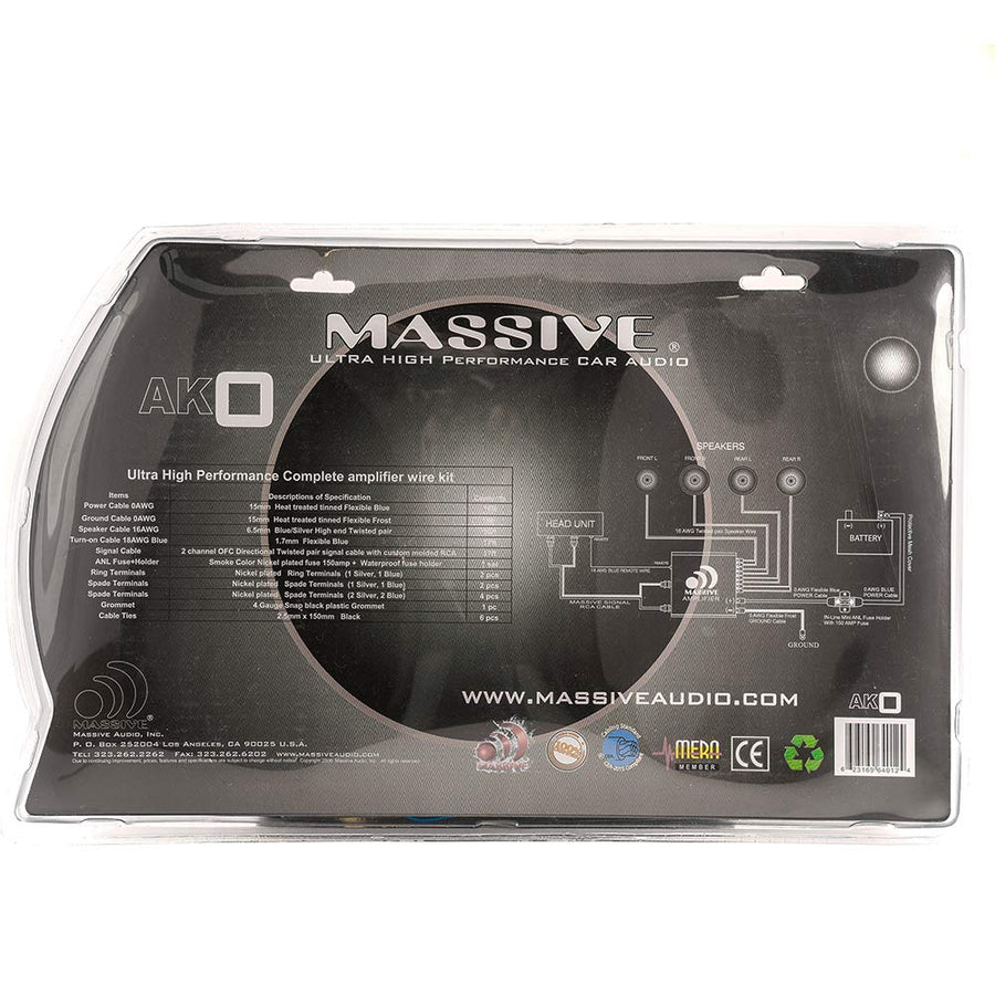 AK0 Massive Audio 0 | AWG Amplifier Installation Wiring Kit - Premium 0 Gauge Power & Ground Cables with Fuse Holder for Car Audio Systems