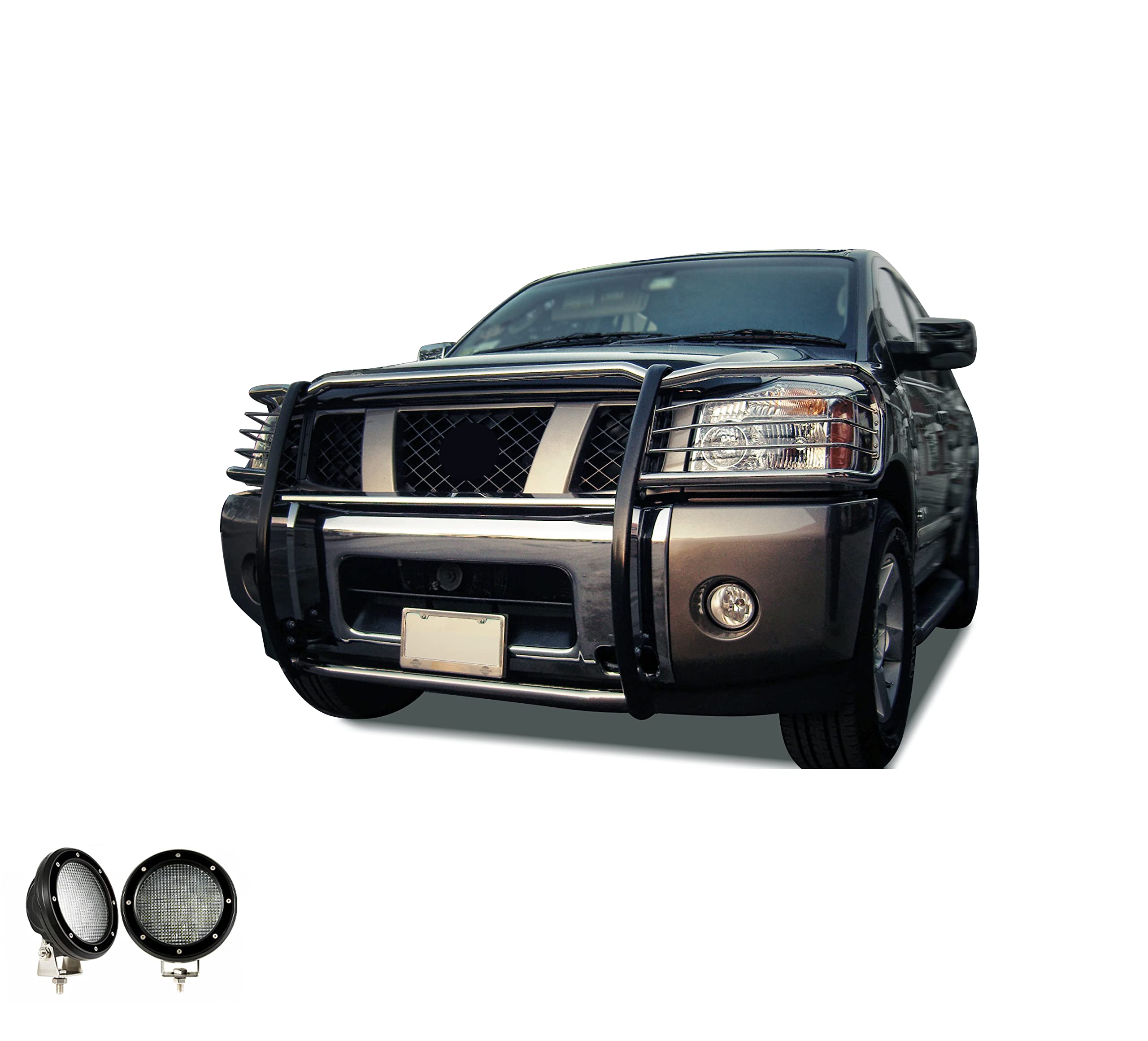 Bumper Guard Black Horse Grille Brush Modular Stainless Steel Come with Pair of 5.3" LED Light with Black Trim Ring Compatible with 2005-2015 Armada|2004-2015 Titan Crew Cab & King Cab-17NR26MSS-PLFB