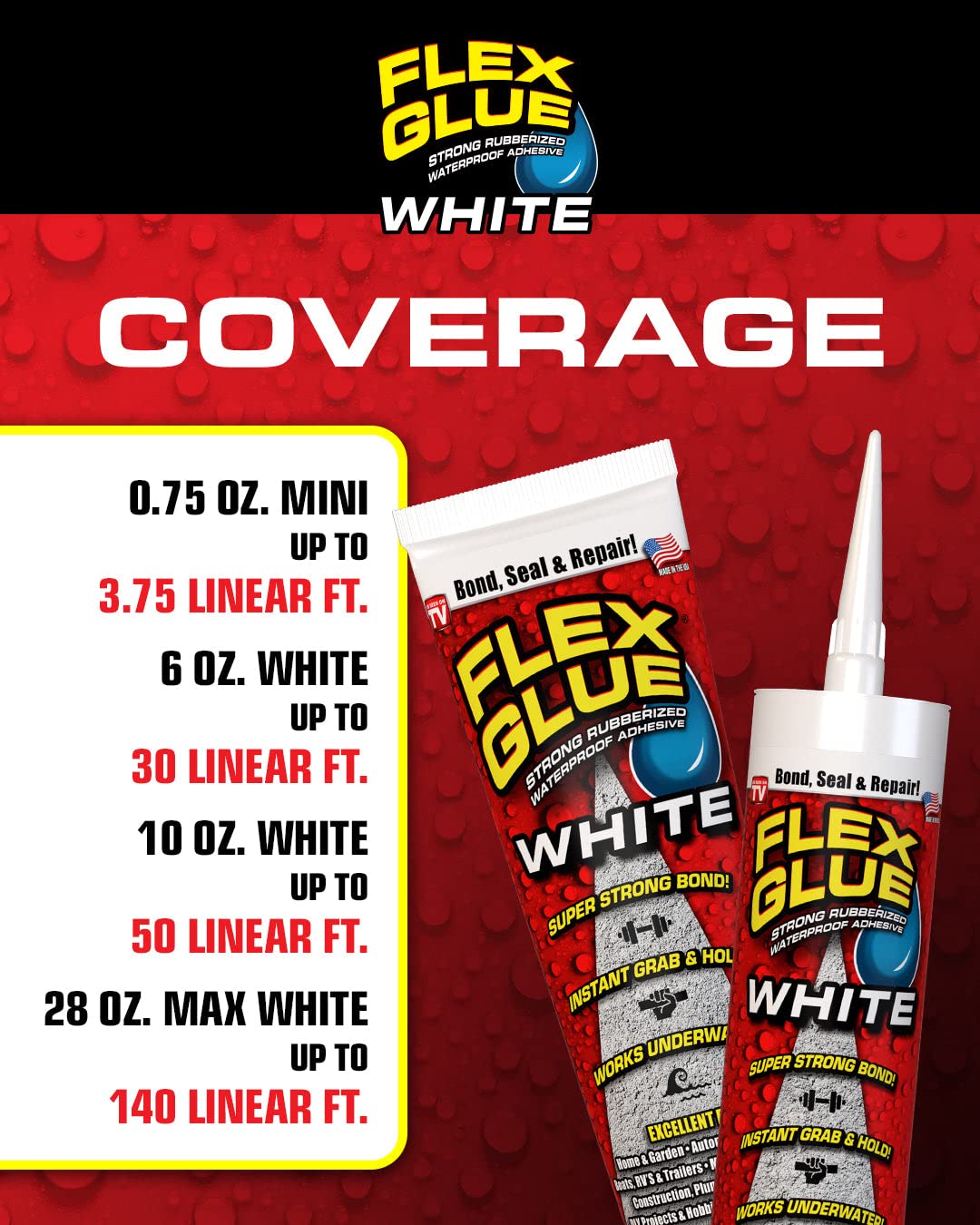 MAX Flex Glue, Super Strong, Rubberized Waterproof Adhesive, Works Underwater, Use on Pools, Showers, Outdoors, Concrete, Brick, Pavers, UV Resistant, 28 oz Cartridge, White, 1-Pack