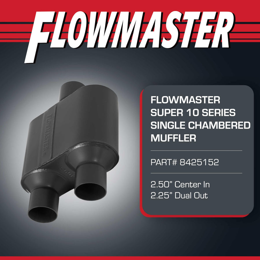 Flowmaster Super 10 Muffler Series – 2.50" Center In / 2.25" Dual Out – Race-Inspired Sound – 409 Stainless Steel – Ideal for Muscle Cars, LS Swaps, Drag Cars & Off-Road Build (8425152)
