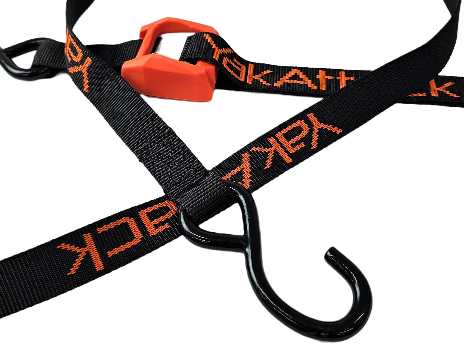 15' YakAttack J-Hook Cam Strap | Heavy Duty Polyester Kayak Tie Down with Rubber-Coated Hooks & Protective Buckle Cover | 1” Wide, Single Pack | Black/Orange