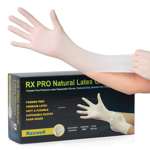 Disposable Latex Gloves Raxwell - Puncture & Heat-Resistant, Powder Free 8.5 mil Rubber Gloves for Cooking, Cleaning, Medical - Food Grade & Medical Grade - Nitrile Free - Large - 100 Count