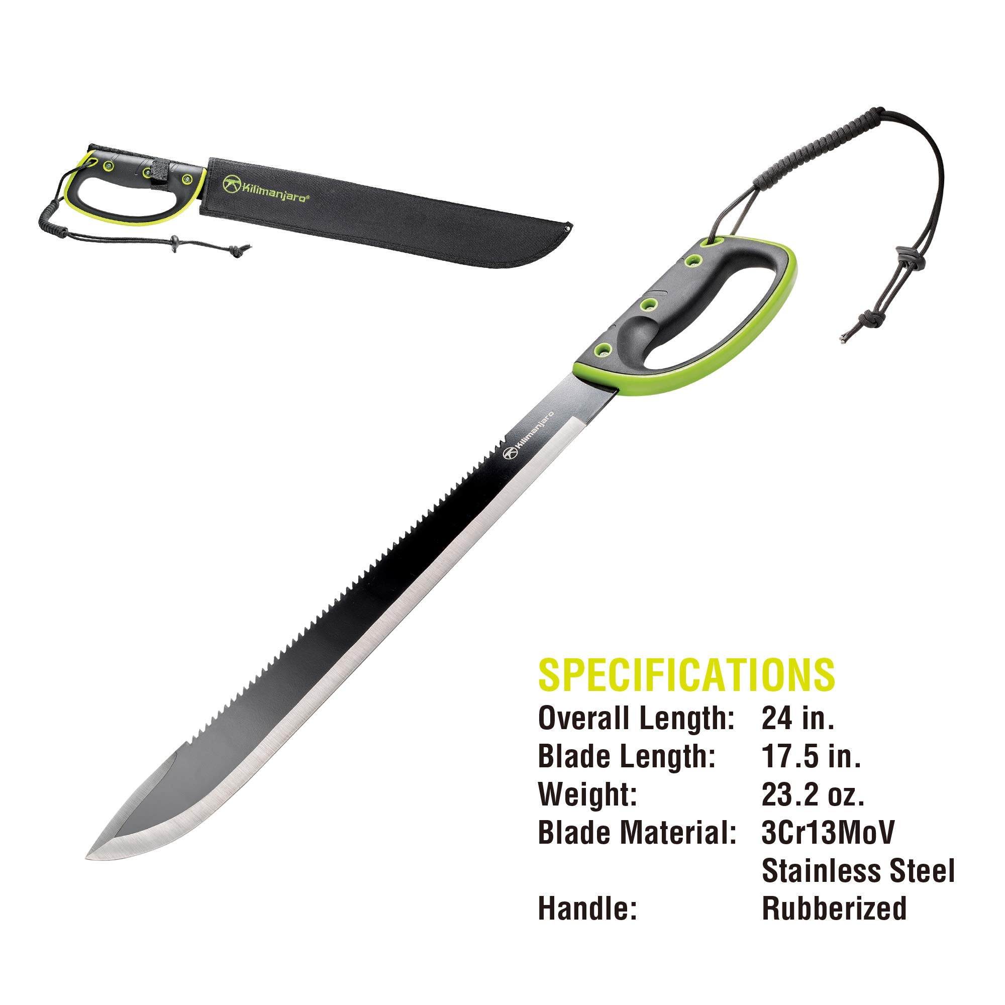 Kilimanjaro 24 Inch Serrated Machete Knife, Drop Point Tip to Saw Cut Branches, Clearing Brush, Gardening, Hiking, Outdoors Black Finish 910039