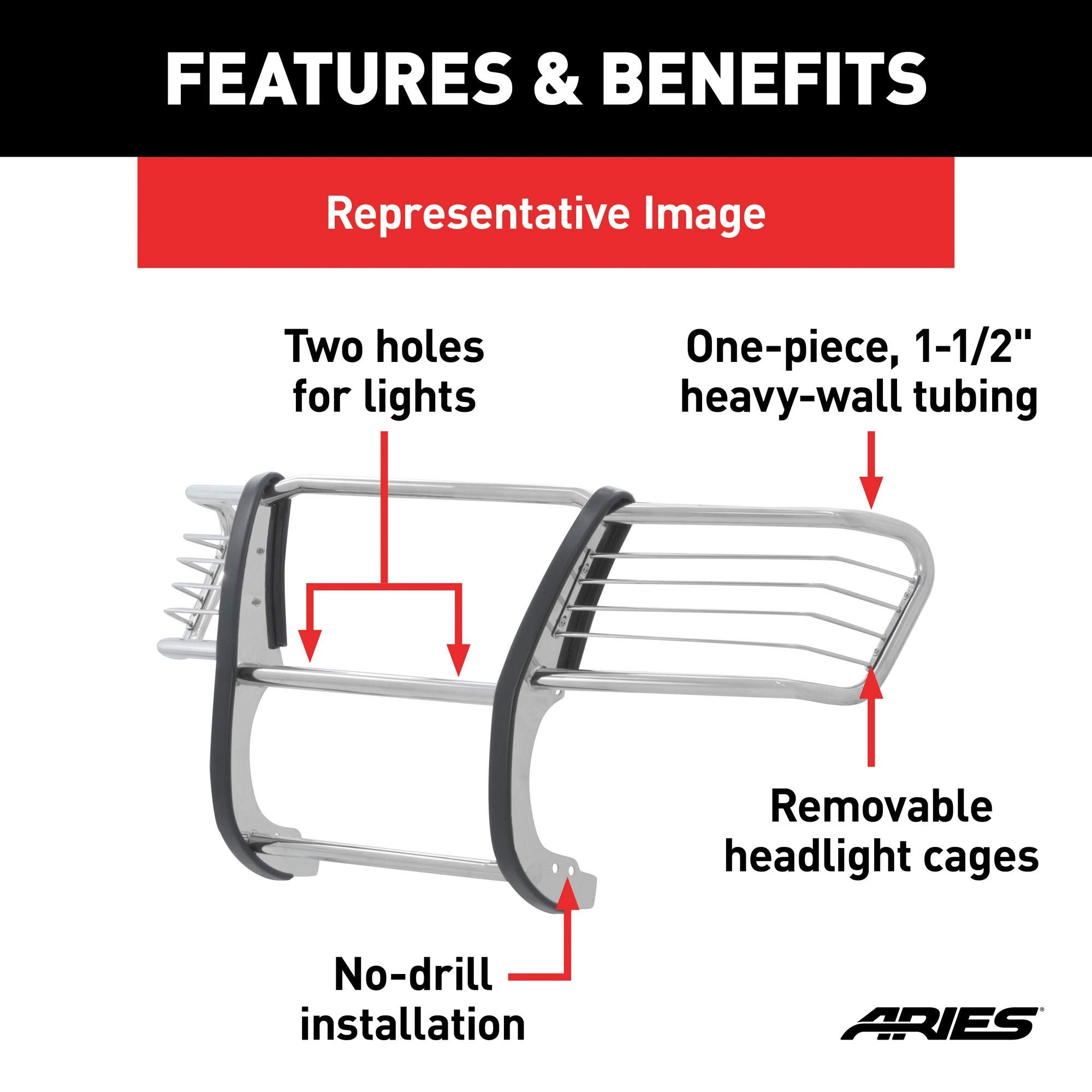 ARIES 1-1/2-Inch Polished Stainless Steel Grille Guard, No-Drill, Select Dodge, Ram 2500, 3500 5056-2