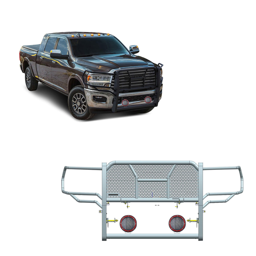 Heavy Duty Black Horse Rugged Grille Brush Bumper Guard Modular Come with Pair of 5.3" Dia.LED Lights with Red Trim Rings Compatible with 2019-2024 Ram 2500|2019-2024 Ram 3500-RU-DORA20-B-PLFR