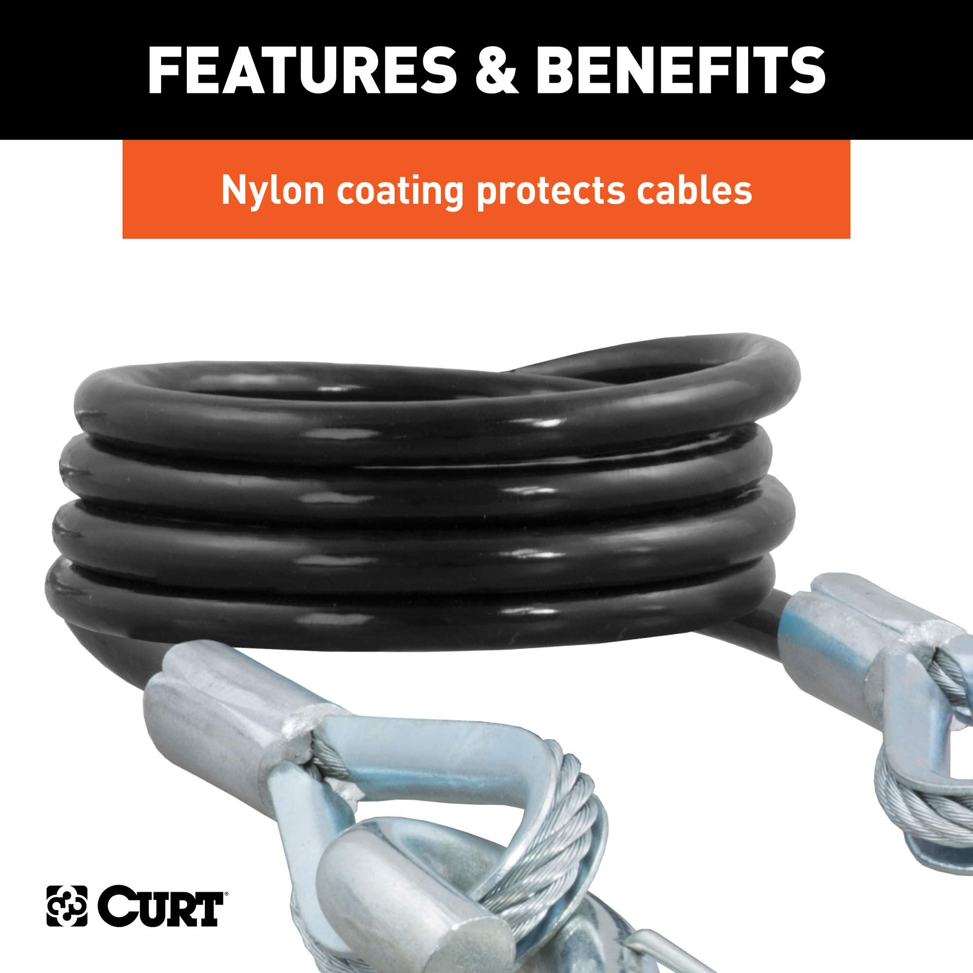 CURT 80136 Trailer Safety Cables, 43-7/8-Inch Vinyl-Coated, 3/8-In Snap Hooks, 2-Pack, 3,500 lbs Break Strength