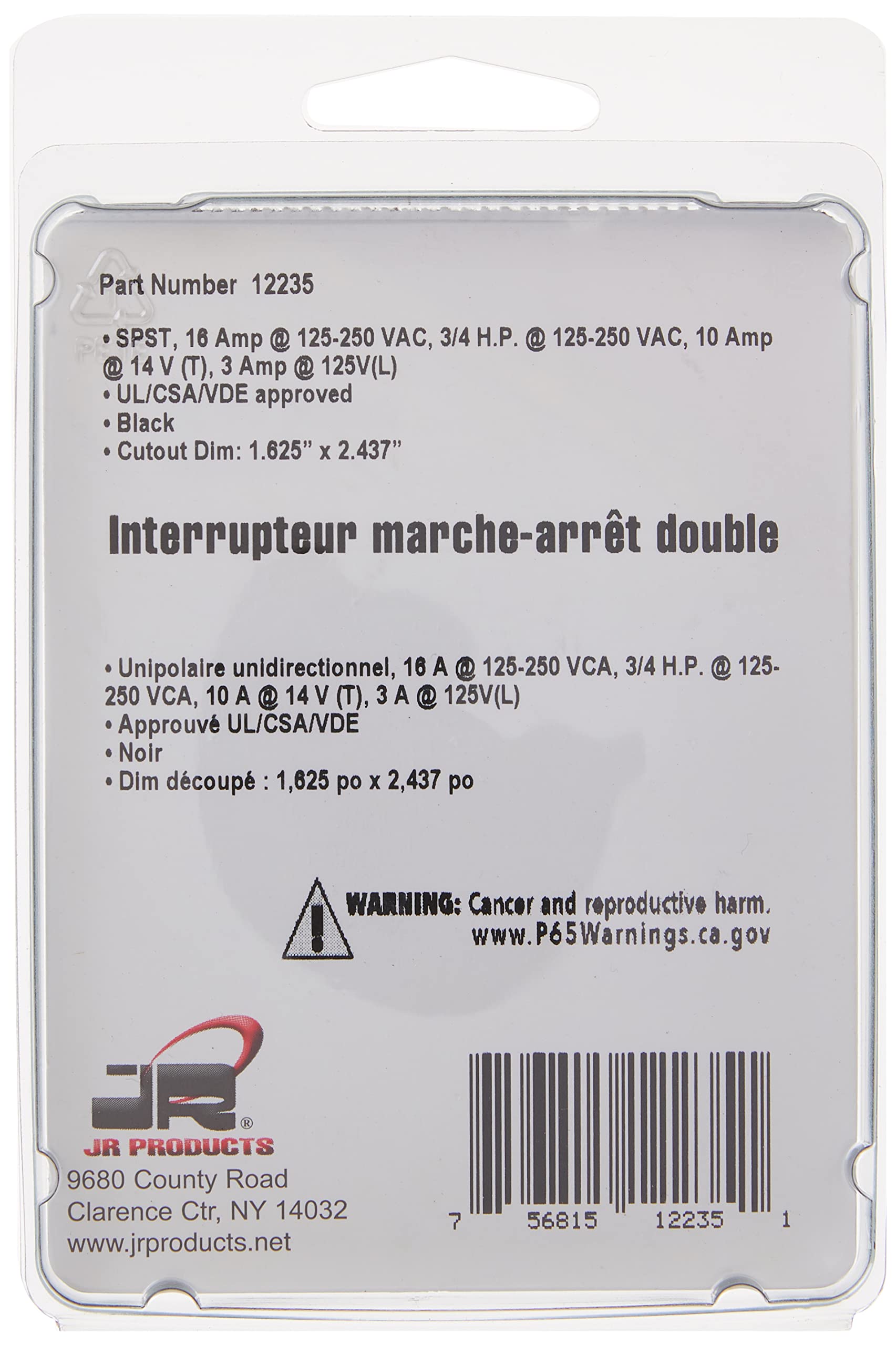 Black JR Products Double SPST On-Off Switch with Bezel 12235