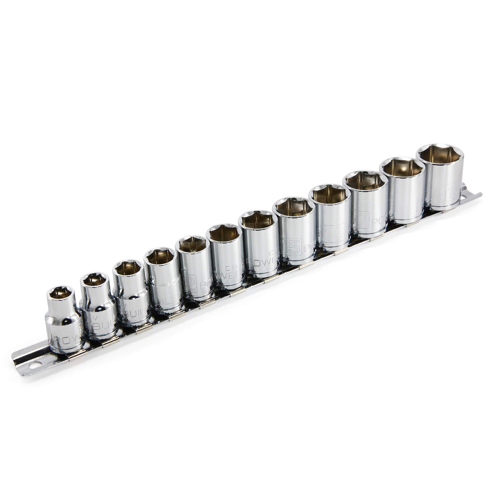 12 Pc. Powerbuilt 3/8 Inch Drive Metric Socket Set – 6 Point Shallow Sockets 8-19mm, Chrome Vanadium Steel with Mirror Finish, Easy-Read Markings, Z-Drive Grip, Includes Metal Socket Rail – 645008
